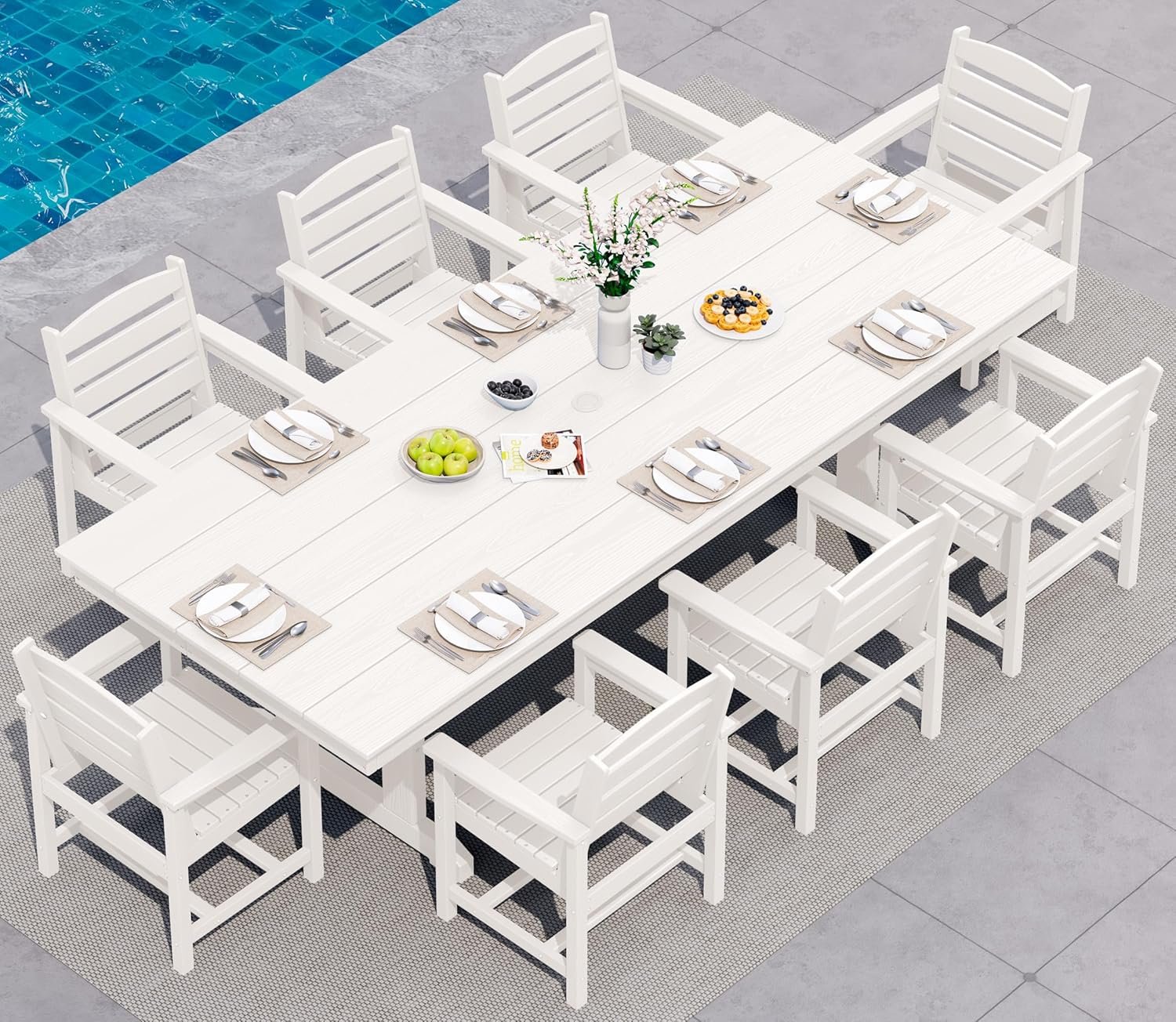 SERWALL 9 Piece Outdoor Dining Set, 84″ HDPE Outdoor Table and Chairs for 8，All Weather Patio Furniture Set with Umbrella Hole for Backyard, Garden, White