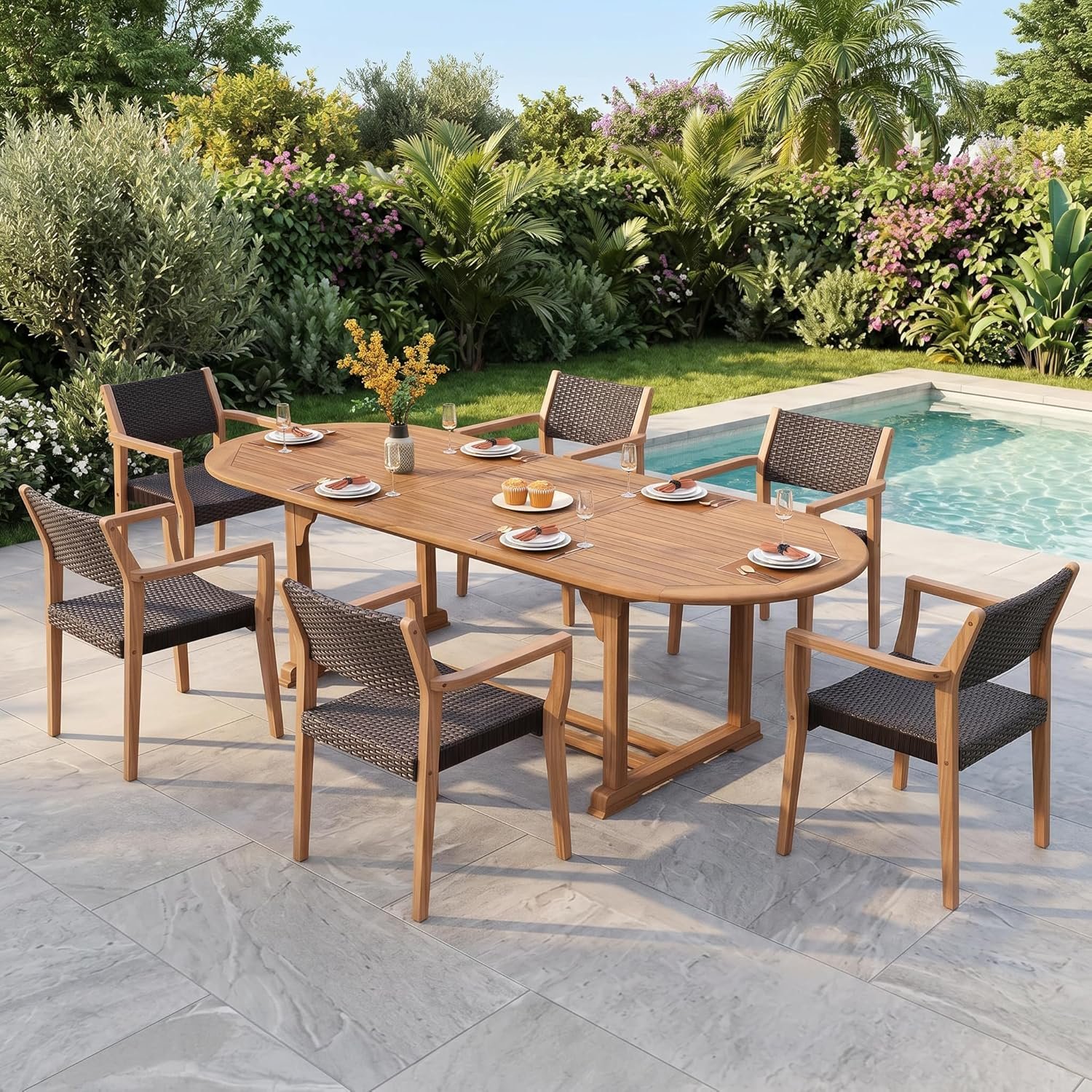 PHI VILLA 7 Pieces Acacia Wood Outdoor Dining Set for 6, Expandable Teak Wooden Table & Chairs, Large Farmhouse Furniture Set for Patio, Deck, Yard, Porch