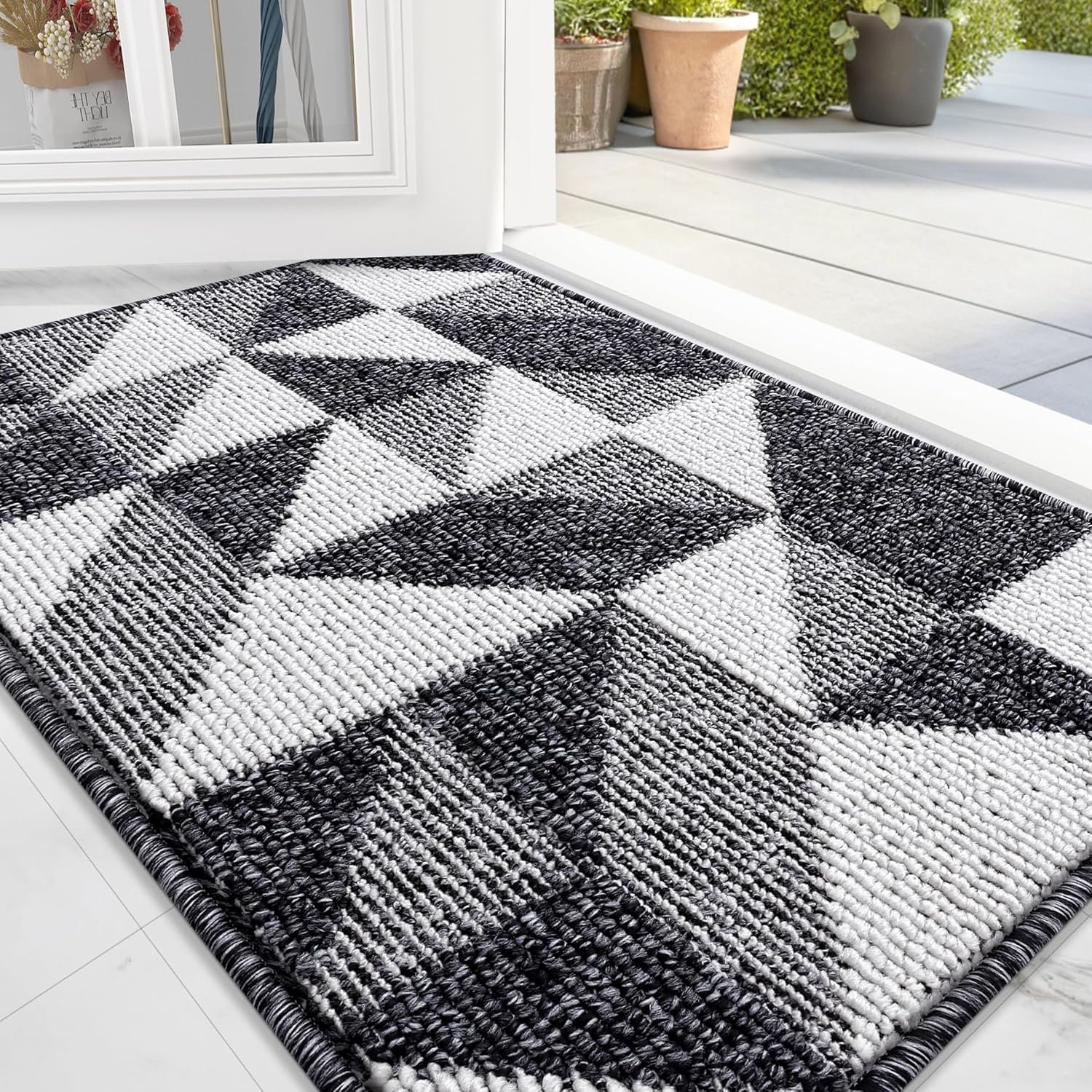 OLANLY Door Mat Indoor Entrance Washable 32×20, Odor-Free Low-Profile Front Back Geometric Doormat, Absorbent Resist Dirt Entry Carpet, Easy to Clean Sturdy Inside Floor Mats for Entryway, Black