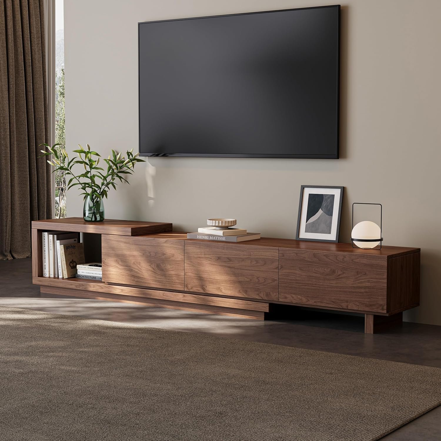 Extendable TV Stand for 65-100 Inches TVs – Walnut Entertainment Console with 3 Drawers & 1 Storage Compartment, Adjustable Length 68.5”-98.4” (Walnut, 68.5”-98.4”)