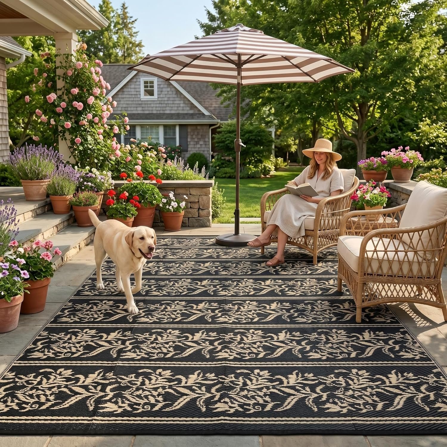 Garvee Outdoor Rugs 5×8 Waterproof Reversible Mat Boho Leaf Patio Rug with 4 Stakes and Starage Bag, Large Outdoor RV Mat Rugs for Camping, Picnic, Balcony, Deck, Backyard, Black & Brown