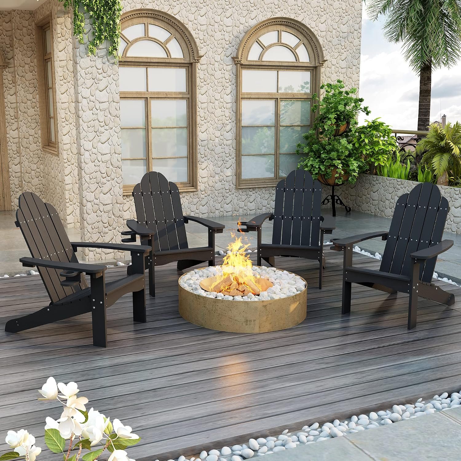 LUE BONA HDPS Adirondack Chairs Set of 2, Long-Lasting All-Season Outdoor Patio Chairs, Hidden Cup Holder, 350 LBS, Black