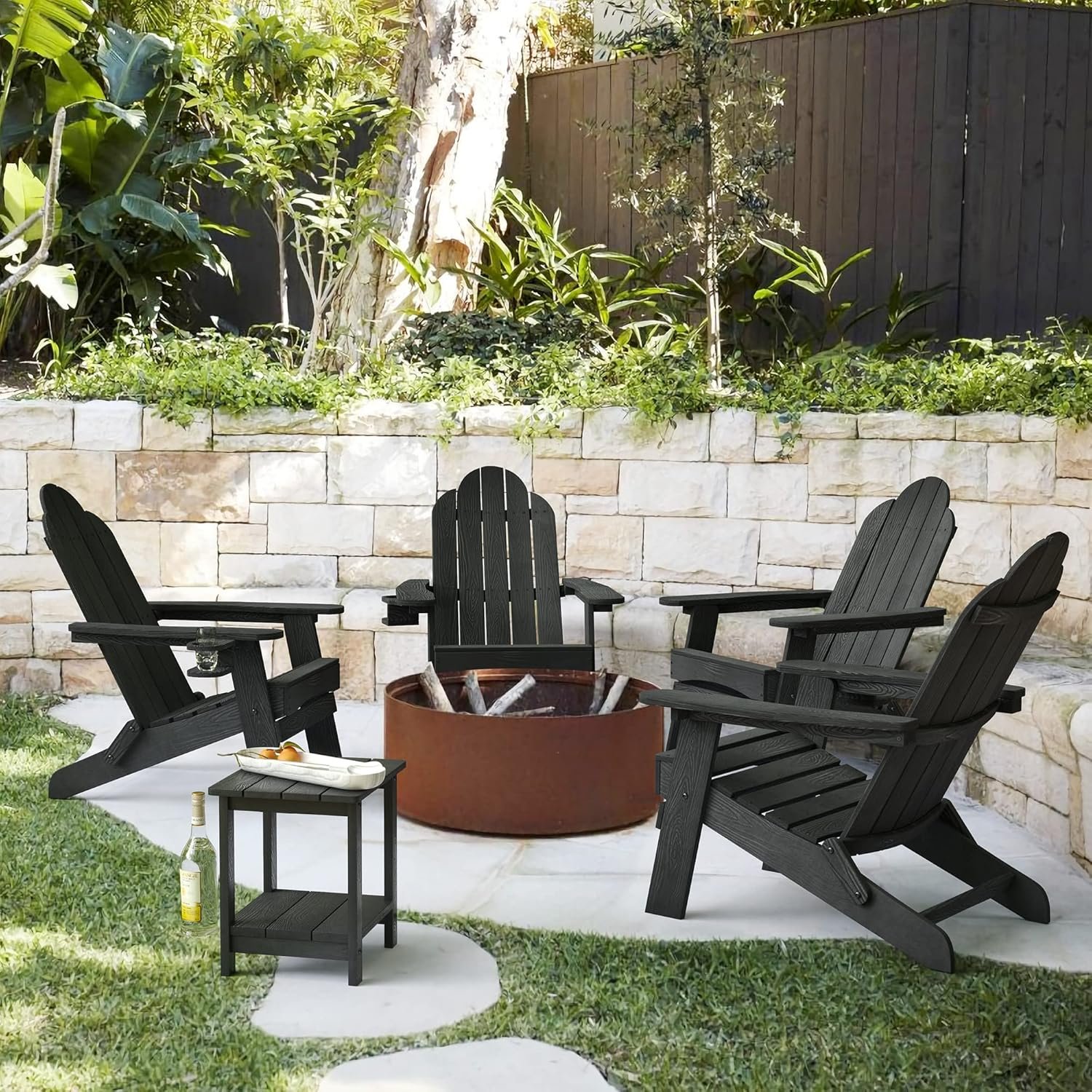 LUE BONA Folding Adirondack Chair Set of 2, Black HDPS Fire Pit Patio Chairs Weather Resistant, Modern Plastic Outdoor Chairs with Cup Holder