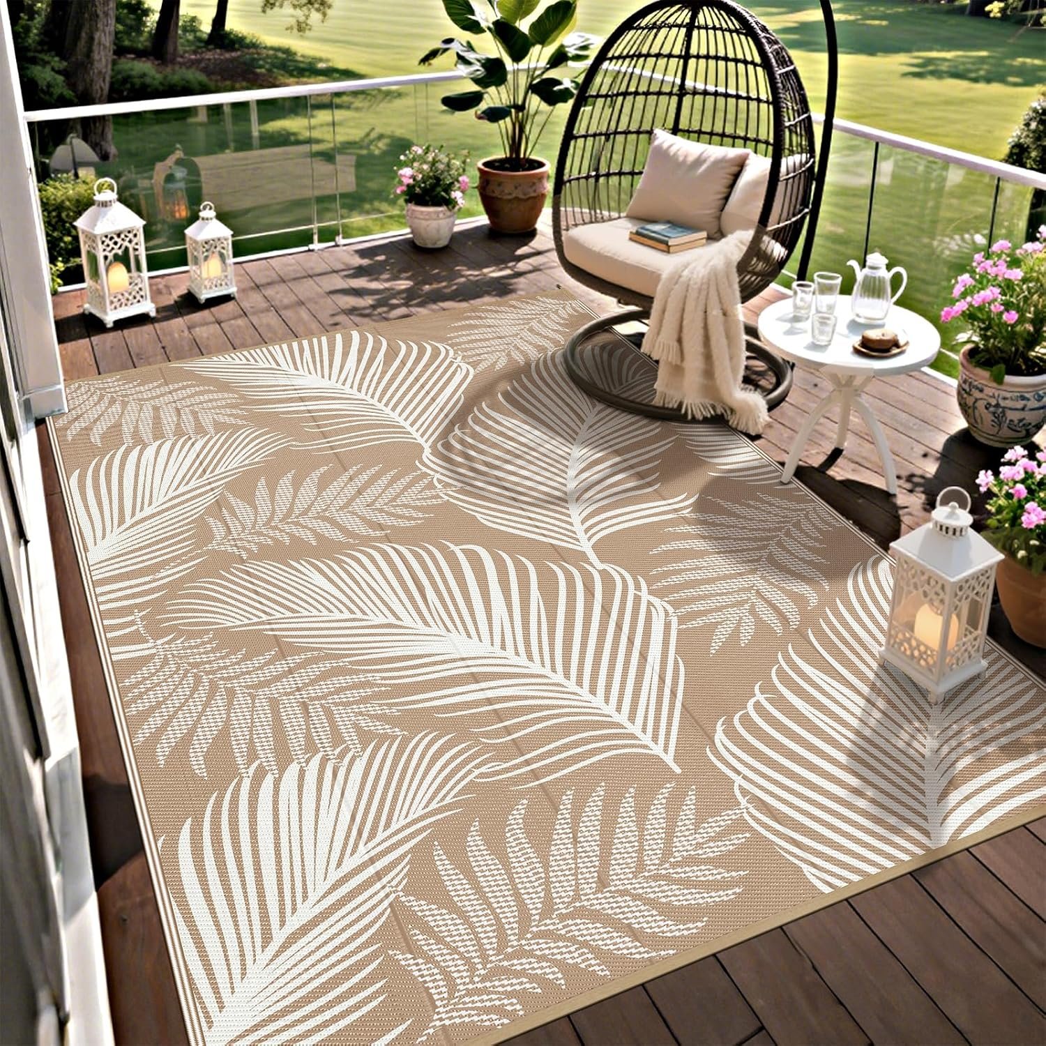 Pauwer Waterproof Outdoor Rug 5×8, Reversible Plastic Straw Patio Camping Rug, Indoor Outdoor RV Mat Carpet for Deck, Camper, Porch, Balcony, Backyard, Picnic, Leaf Brown