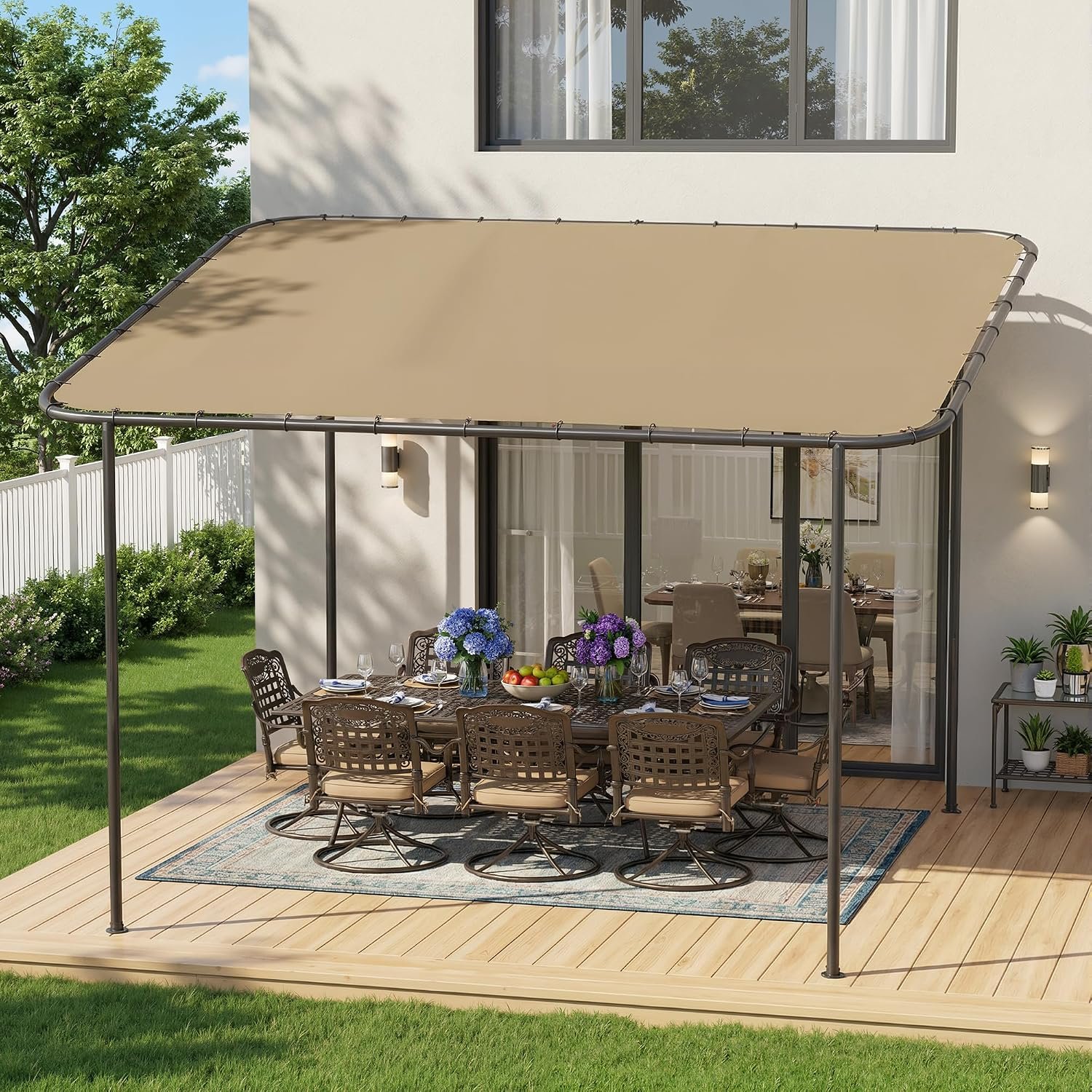 TITIMO 10x12Ft Lean to Gazebo, Outdoor Pergola with Patio Cover for Shade and Rain, Wall Mounted Gazebos Pergola with Awnings, Metal Frame for Outside Backyard, Deck, Garden, Poolside (Khaki)