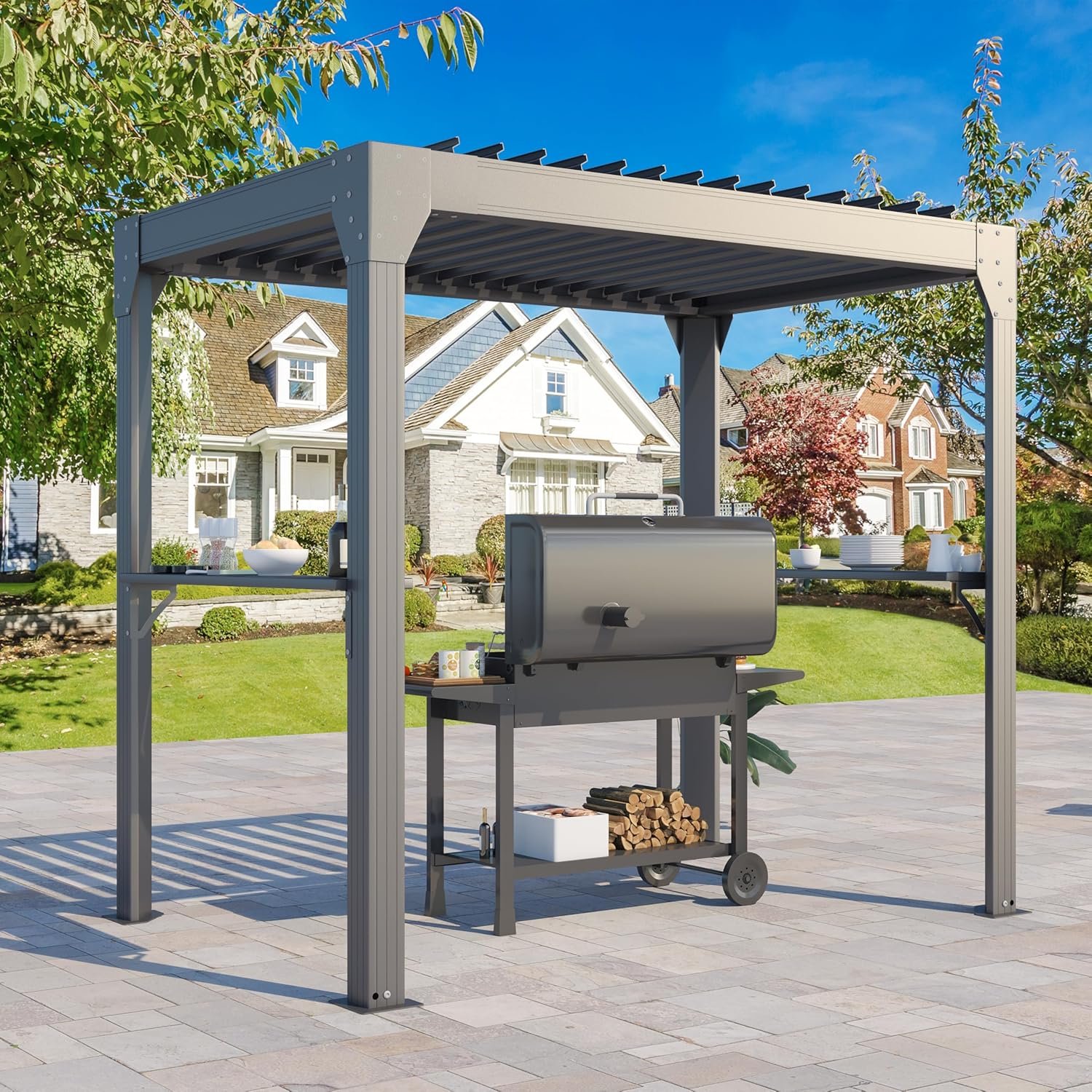 8×5 Louvered Pergola, Aluminum BBQ Pergola, Hardtop Gazebo for Outdoor Grill, Adjustable Rainproof Roof, Pergolas for Patio, Black