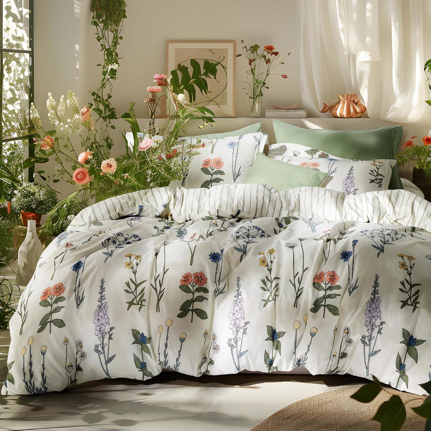 Bedsure Twin/Twin XL Comforter Set – Twin Extra Long Comforter Set, Cute Floral Dorm Bedding, 2 Pieces, 1 Soft Reversible Coconut White Botanical Flowers Comforter and 1 Pillow Sham