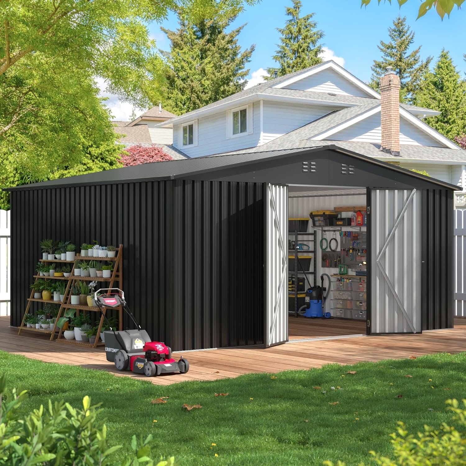 14×12 FT Outdoor Storage Shed, Metal Garden Shed with Lockable Door & Sloped Roof, Large Waterproof Utility Tool Shed for Backyard, Garden, Patio, Lawn, Black