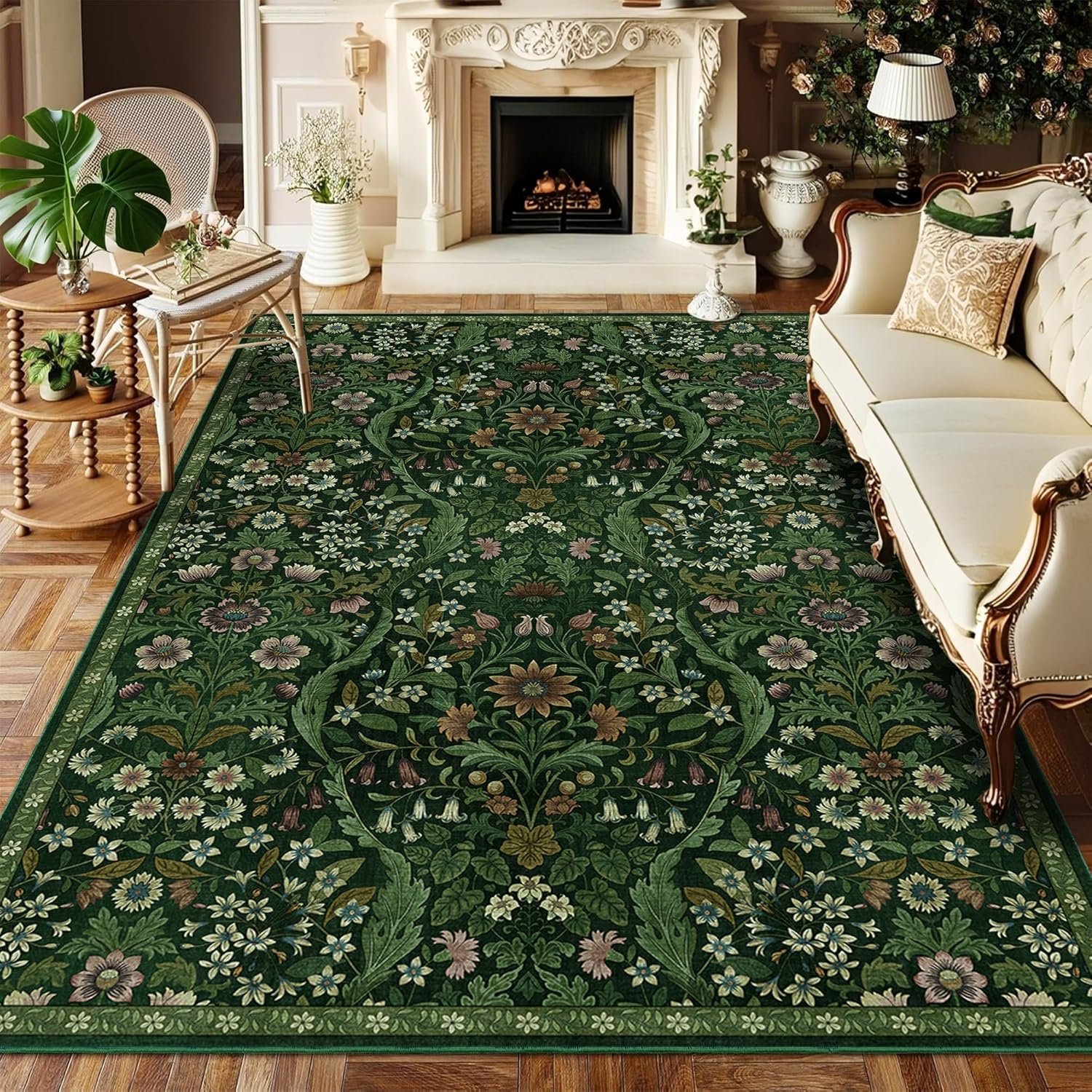 5×7 Dark Green Washable Floral Area Rug,Vintage Boho Soft Low-Pile Living Room Rugs, Stain Resistant Botanical Non-Slip Carpet for Bedroom,Dining Room, Kids Nursery,Home Decor