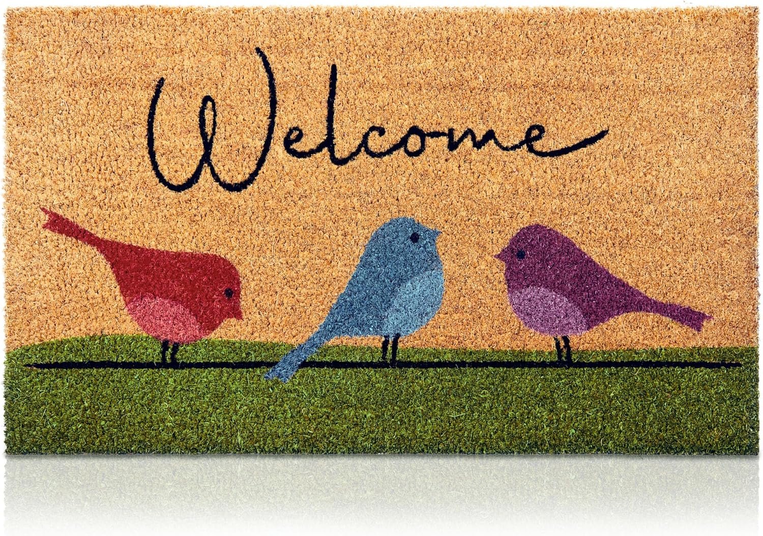 Colorful Birds – 17″x29″ – Coir Door Mat with Heavy Duty Backing – Welcome Mats for Entryway, Porch – Anti-Slip PVC & Coconut Fiber Surface – Natural Home Accessories, Minimalist Original Design