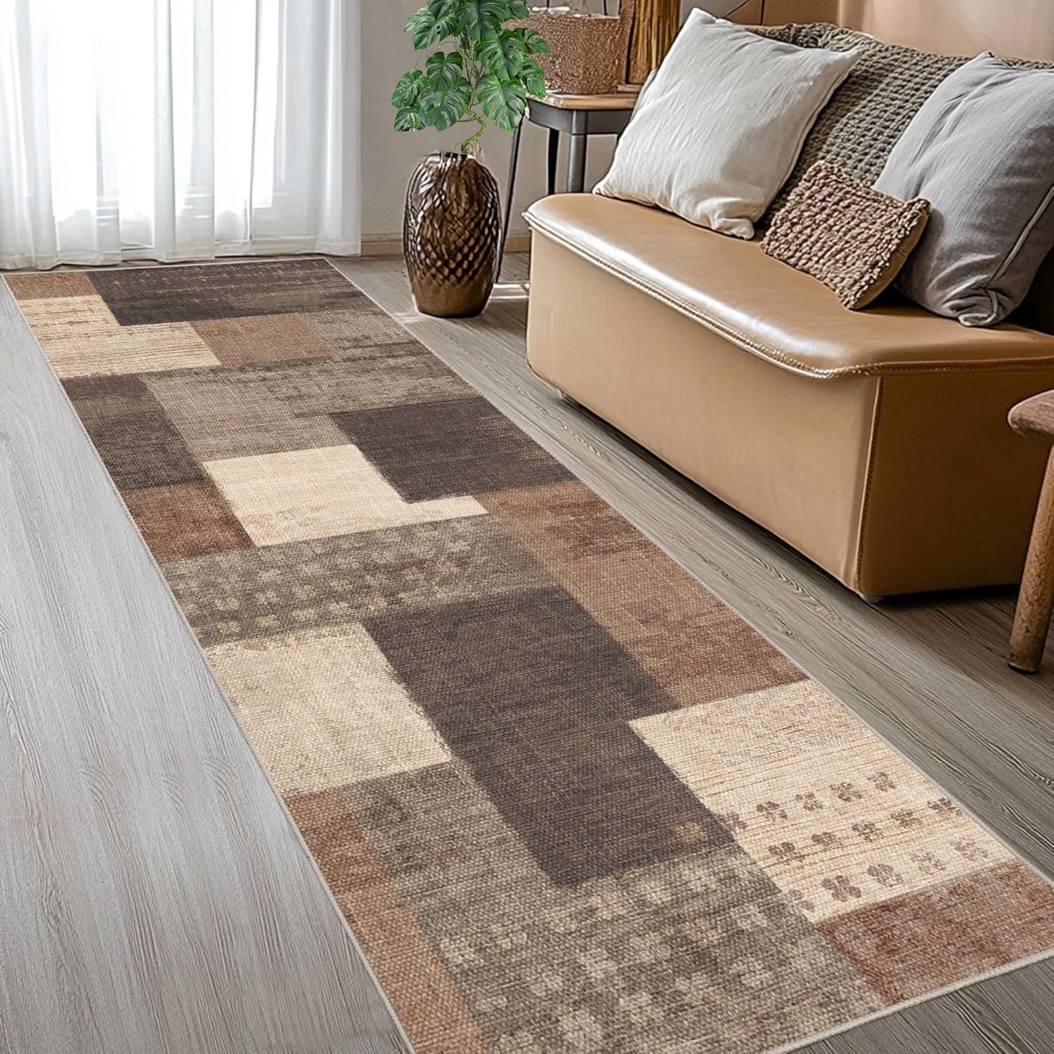 Modern Geometric Patchwork Indoor Runner Rug for Living Room, Beige 2’x 6′ Large Rug Rockwood Collection Hardwood Floors Decor for Bedroom, Beige Throw Carpet for Office Entryway Dining Room