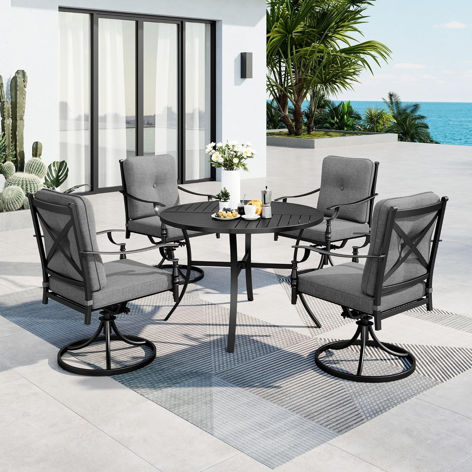 MFSTUDIO Round Patio Table and Chairs Set of 4, Outdoor Patio Dining Set with Umbrella Hole, 5 Piece Patio Furniture Set for Deck Poolside Backyard, Grey Cushion