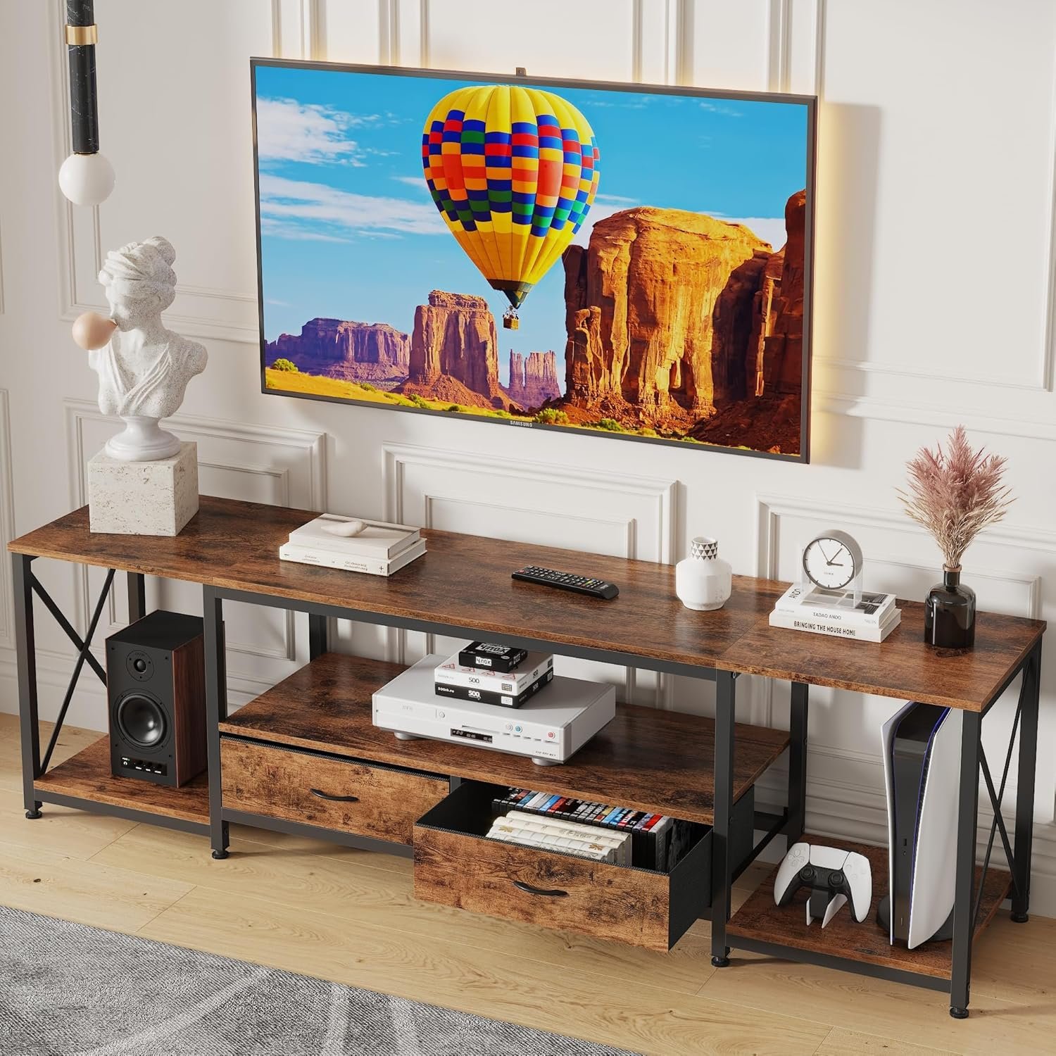 GYIIYUO TV Stand with Fabric Drawers for 65 70 75 Inches TV – Entertainment Center and Industrial TV Console Table with Open Storage Shelves for Living Room, Bedroom – 63″ Rustic Brown