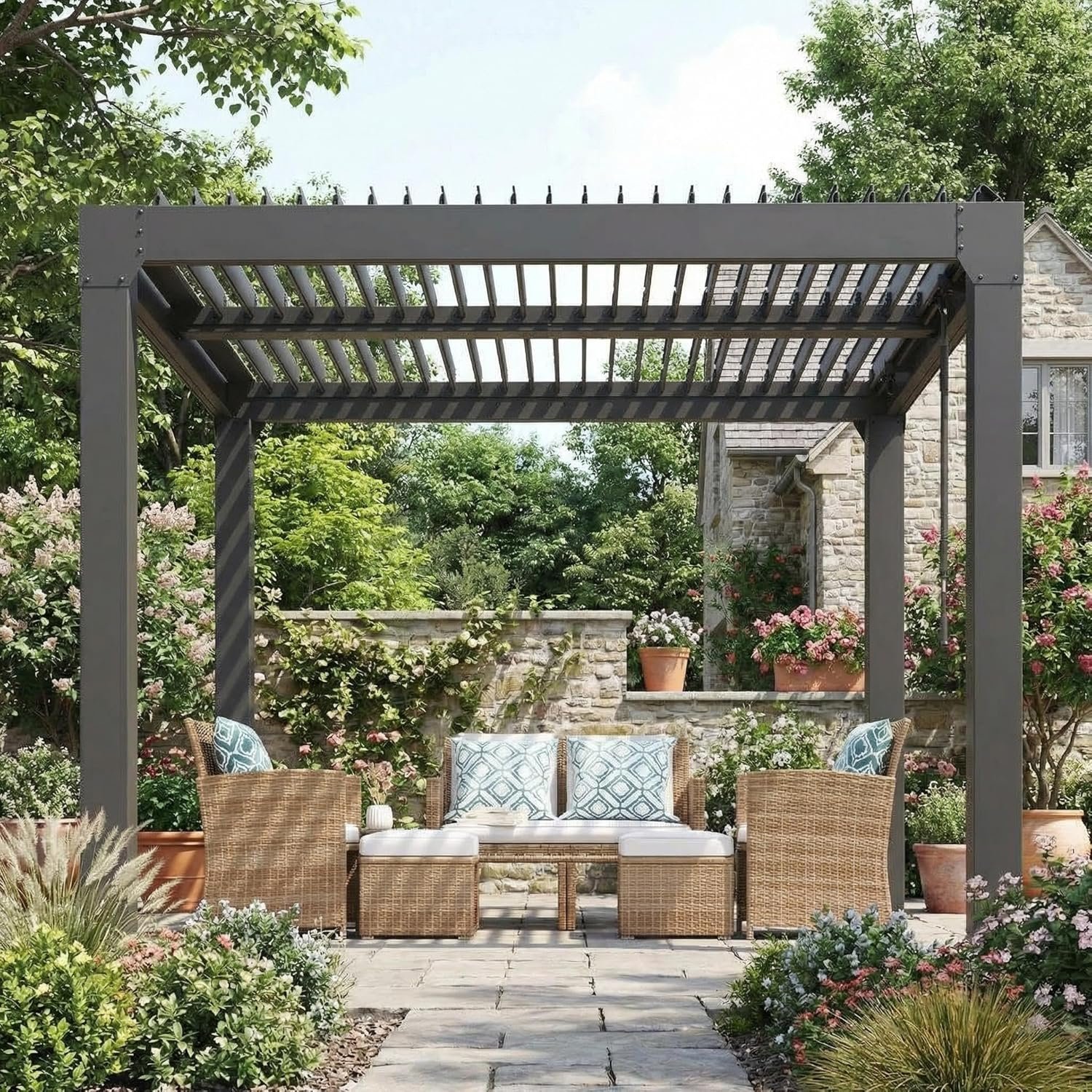 10×10 FT Louvered Pergola, Outdoor Aluminum Pergola with Adjustable Roof & Integrated Drainage System, Heavy Duty Hardtop Gazebo for Patio, Deck, Garden & Backyard