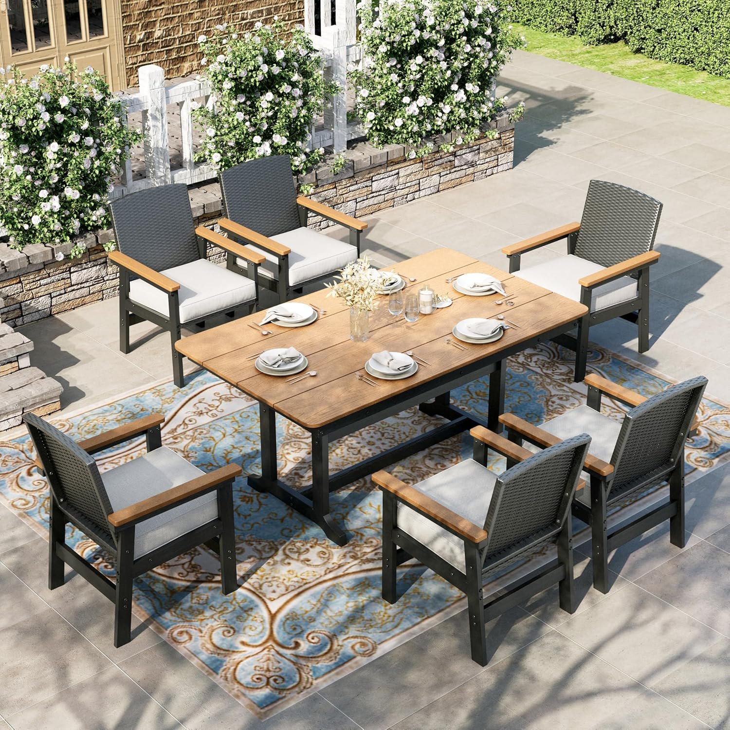 HERA’S HOUSE Patio Table and Chairs Set 7-Piece, HDPE Outdoor Dining Furniture Set with Cushions, All-Weather Wood Grain Table & Wicker Chairs for Backyard, Garden, Deck (Durable & Low Maintenance)