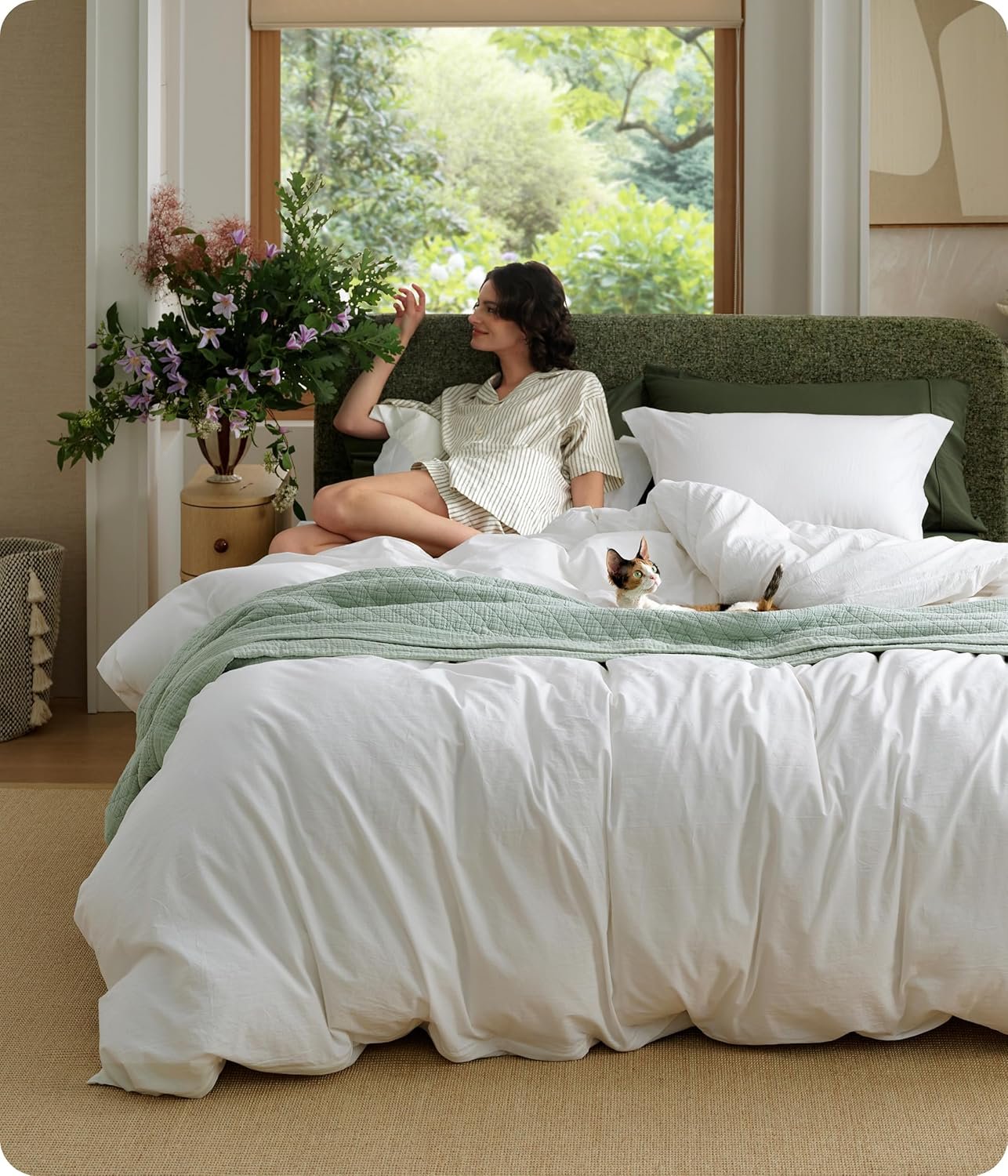 Bedsure 100% Washed Cotton Duvet Cover Full Size – Natural White Minimalist Bedding Set Linen Like – PureWoven Plain Simple & Soft Comforter Cover for All Seasons (Natural White, Full, 80″x90″)