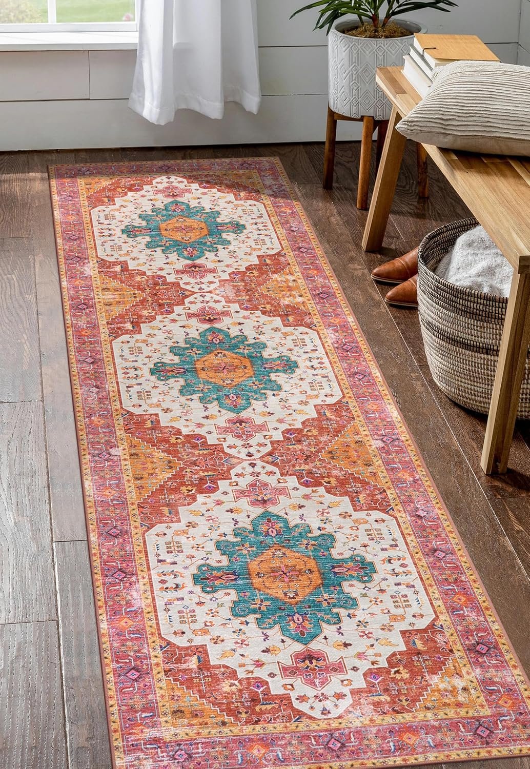 Moynesa Ultra-Thin Washable Runner Rug – 2’6″x8′ Pink Runners for Hallways, Boho Non-Slip Bedroom Rug Runner, Vintage Oriental Medallion Kitchen Carpet Runner for Home Entrance Decor