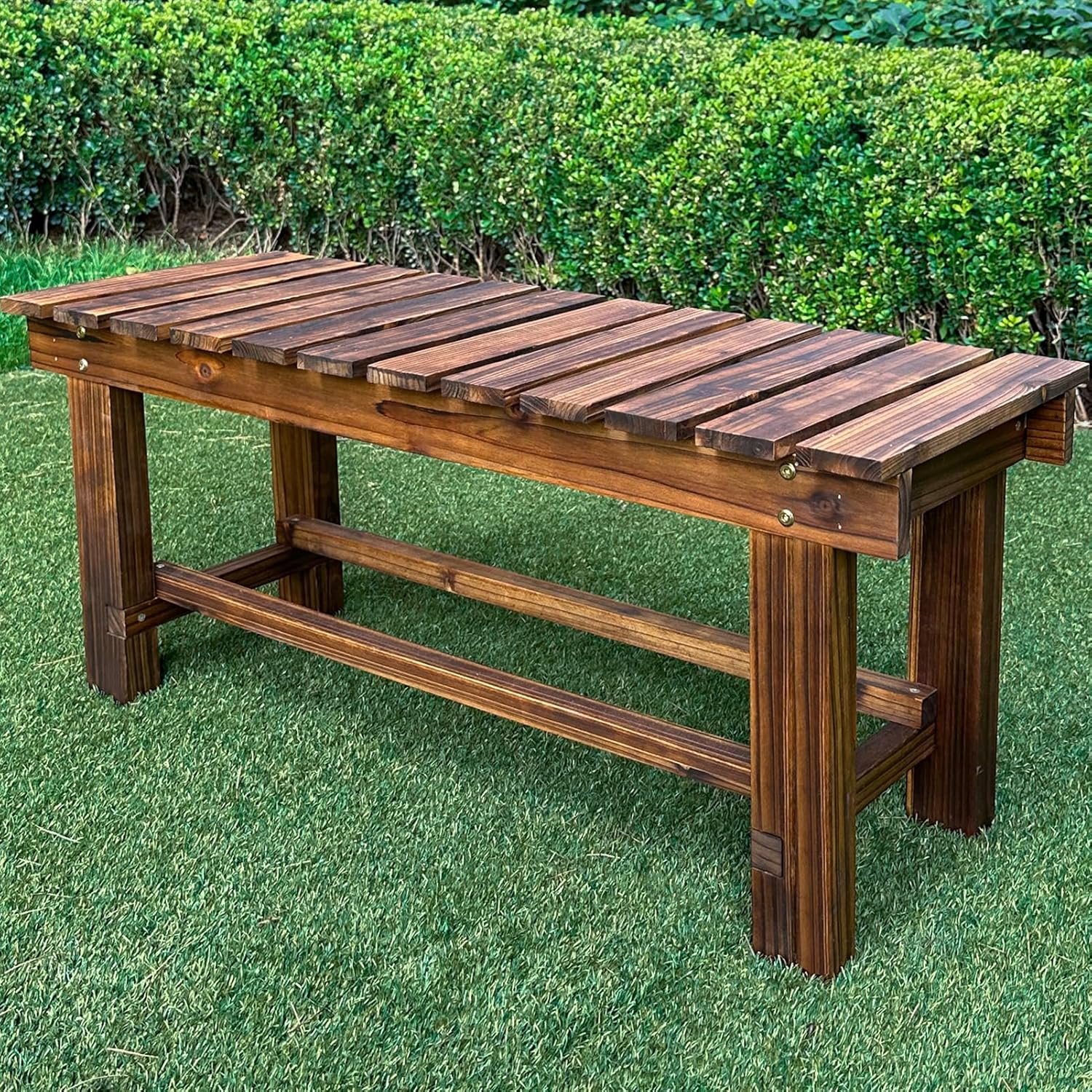 Outdoor Garden Bench, 2-Person Wood Patio Bench Weatherproof Backless Bench, Anti-Corrosion and Anti-Rust for Garden Lawn Porch Park Backyard (Carbonized, 35.5”/90cm)