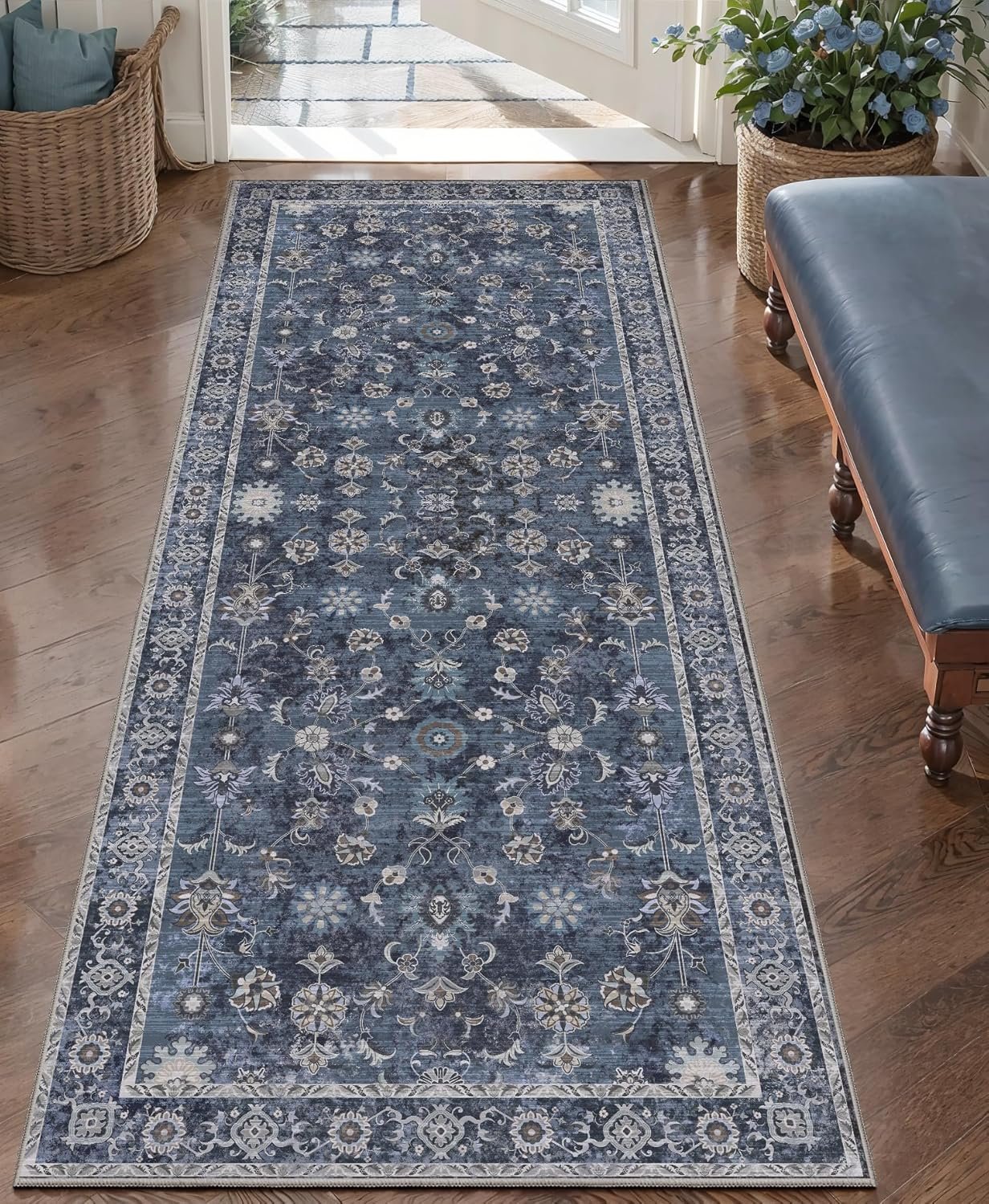 Tangsoo Washable Runner Rug for Hallway Non Slip, 2×5 Blue Floral Vintage Runner Rugs for Entryway, Floor Carpets Soft Low Pile Rug Runners for Kitchen Bathroom Laundry Bedroom Alfombra Boho Farmhouse