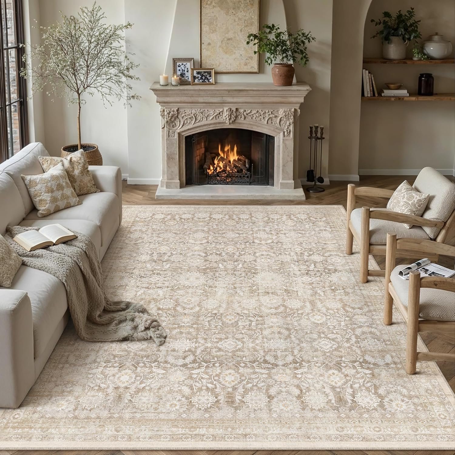 8×10 Beige Washable Neutral Area Rug Living Room Floral Non Slip Low Pile Large Rug Vintage Traditional Stain Resistant Distressed Carpet Bedroom Dining Room Office Playroom