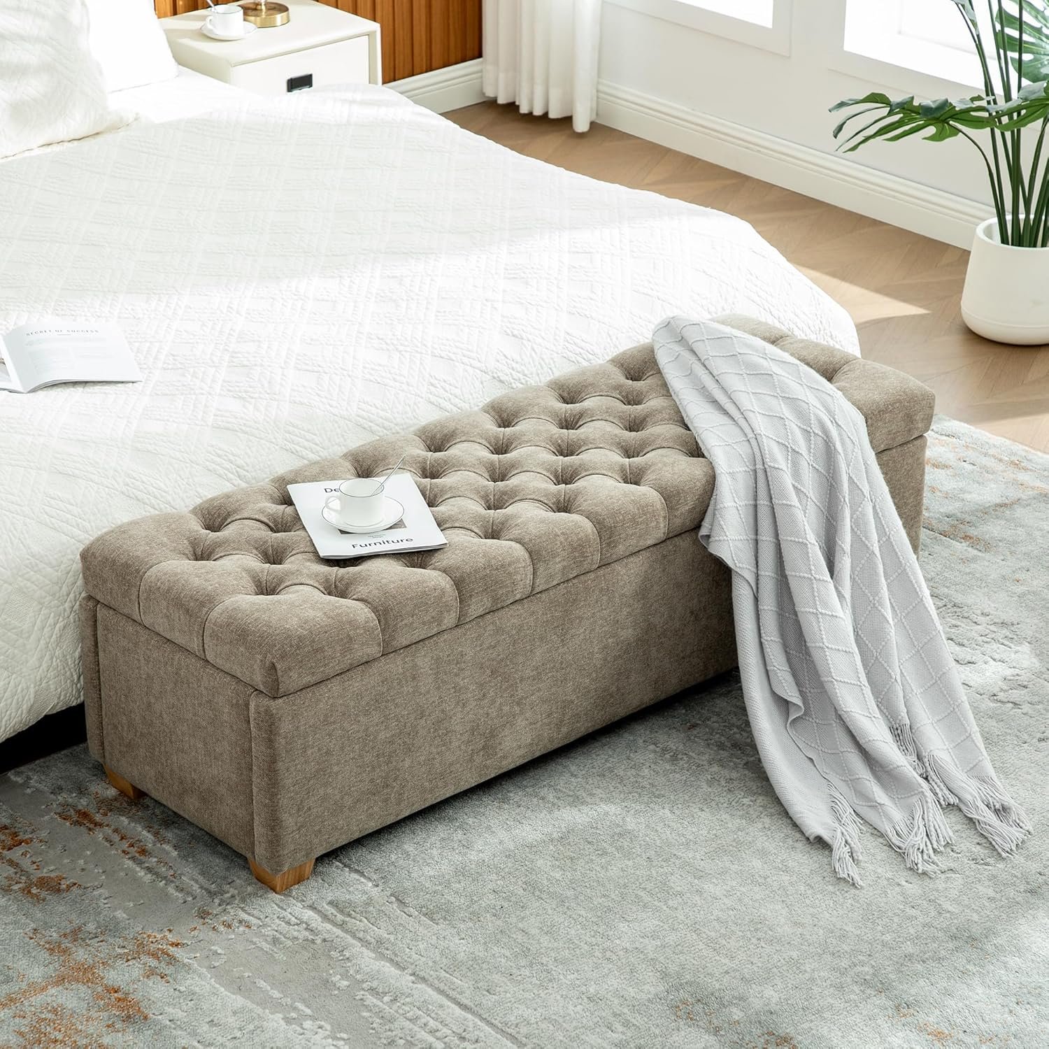 60.2″ Storage Bench, End of Bed Storage Benches, Chenille Fabric Upholstered Ottoman Bench with Safety Hinge for Living Room Entryway Bedroom Hallway