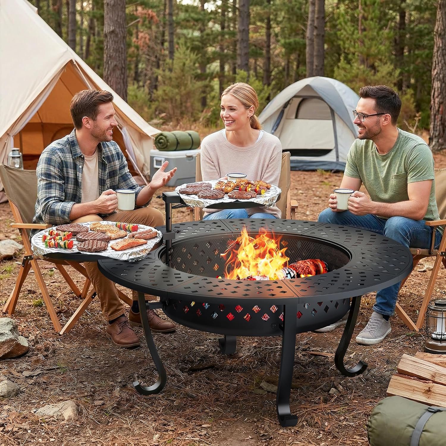 Outdoor Fire Pit, 43″ Fire Pit for Outside Wood Burning with Adjustable 2 Grills, Firepit with Lid and Fire Poker, BBQ, Bonfire, Round Outdoor Fireplace 3 in 1 for Patio, Backyard, Garden, Camping