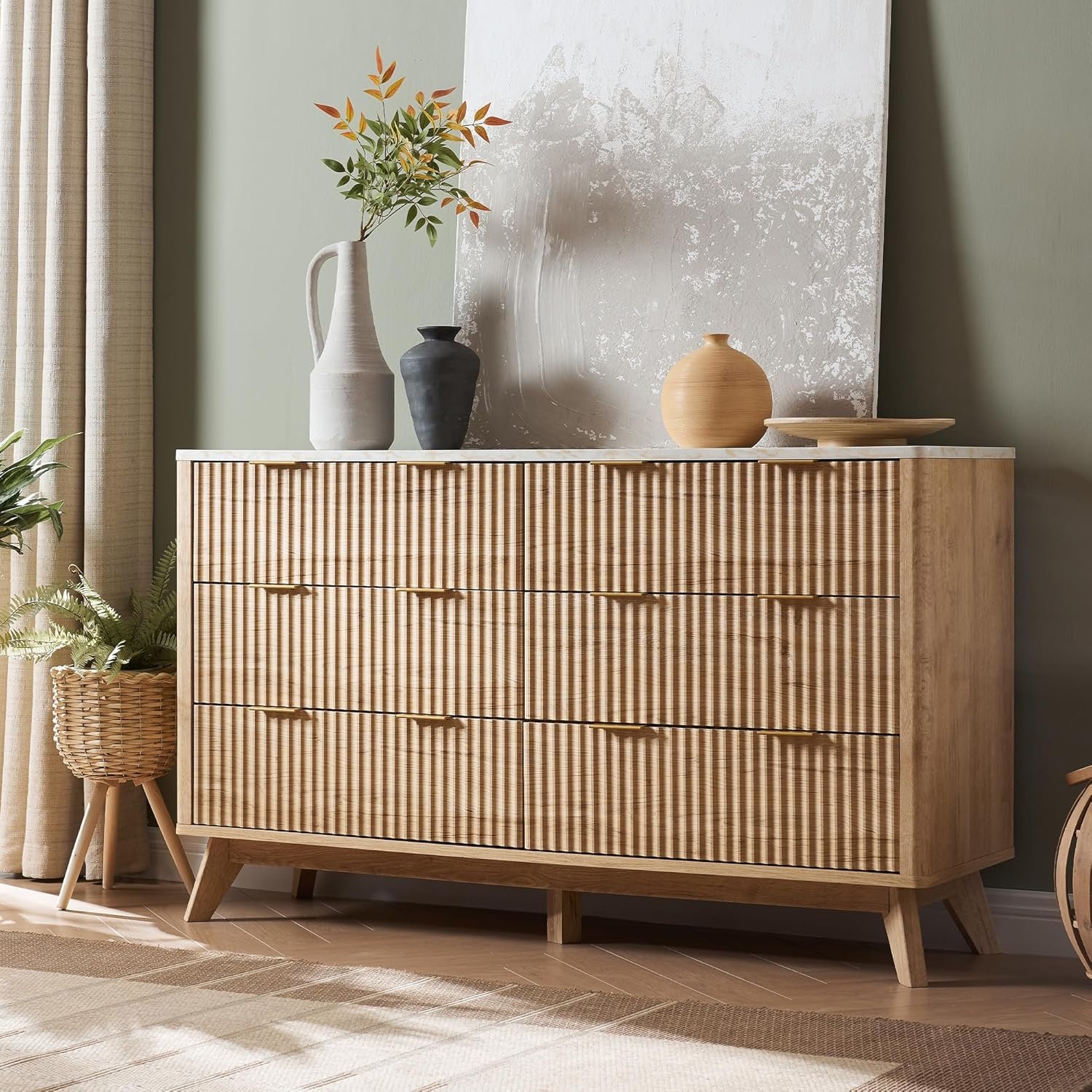 T4TREAM Fluted 6 Drawers Dresser, 54″ Wide Modern Chest of Drawers with Faux Marble Top, Curved Profile Design, Dresser TV Stand, Wood Drawer Organizer for Bedroom, Living Room, Hallway, Natural Oak