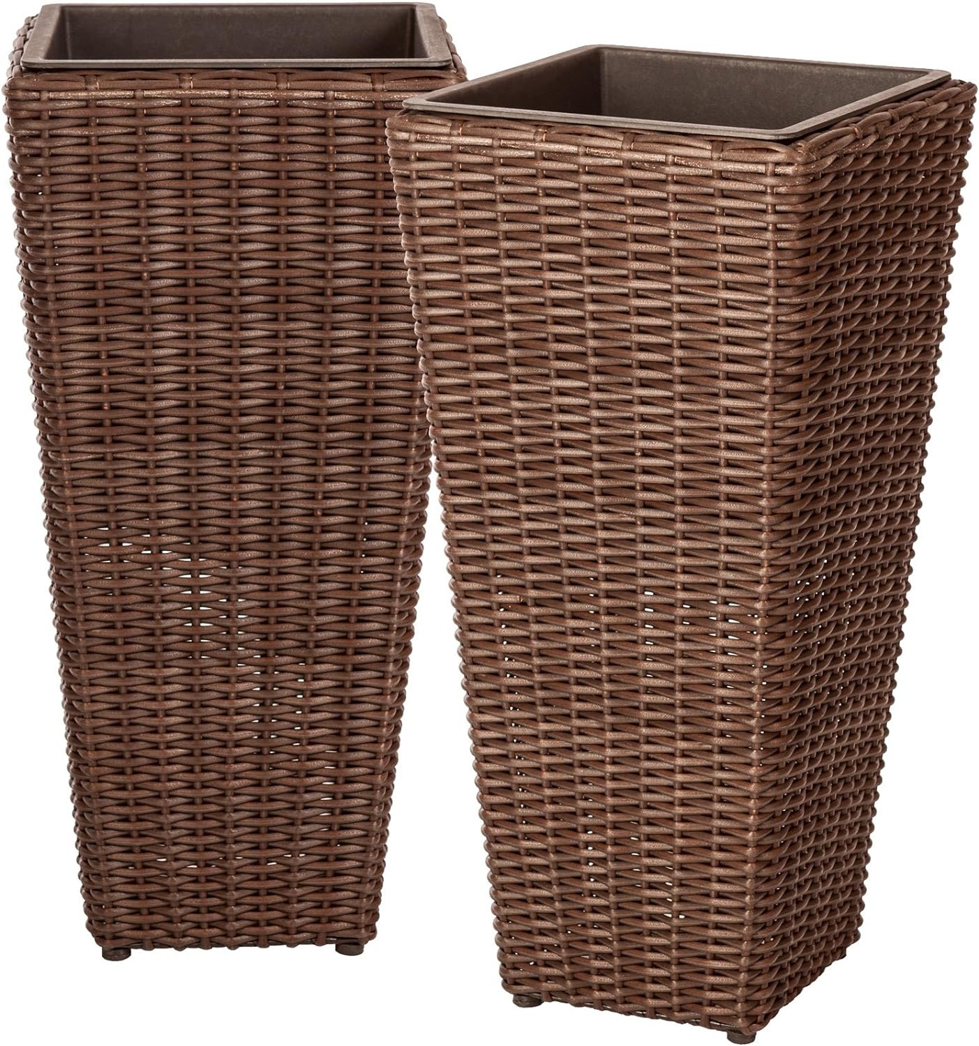 Balkene Home 62501 Alto Wicker All-Weather Planter Set with Liners Tall Plant Decor Box for Outdoors Patio Herb Garden Furnishings – Mocha – Pack of 2