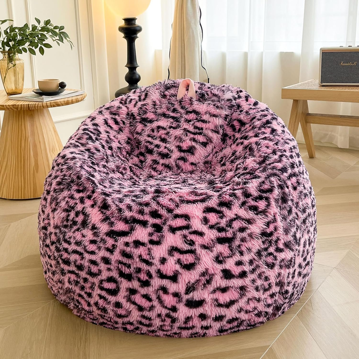 XeGe Faux Fur Leopard Print Bean Bag Chair Cover (No Filler), Fluffy Stuffed Animal Storage Pink Cheetah Bean Bag Home Decor, Furry Fuzzy Beanbag Cover for Adults Kids Girls, Anti-slip, Black and Pink