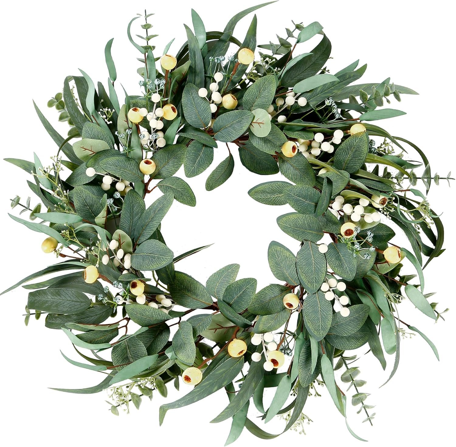 Sggvecsy Artificial Eucalyptus Wreath – 21 Inch Greenery Wreath with Green Leaves and Mixed White Berries for Spring/Summer Home Decor