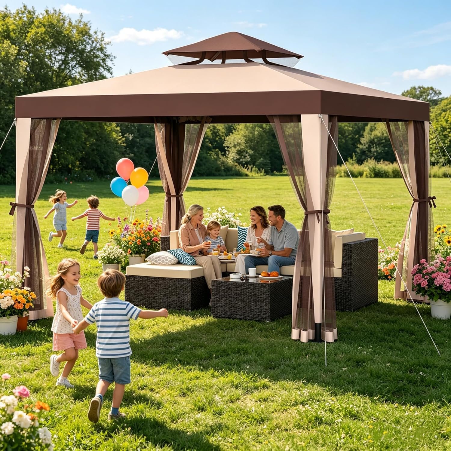Outdoor Gazebo for Patio, 10×10 Canopy Tent with Mosquito Nettings & Double Roofs, Easy Setup Canopy Shelter for Party, Patio Gazebo for Lawn, Backyard, Garden (Red, 10’x10′)