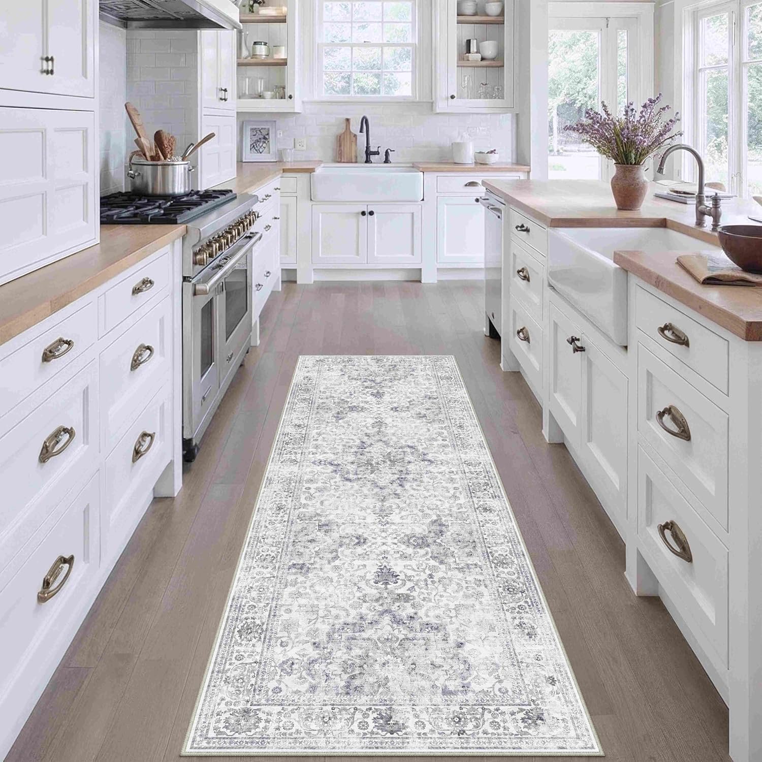 HUGEAR Washable Hallway 2×6 Runner Rugs Retro Grey Vintage Distressed Non Slip Stain Resistant Low Pile Neutral Throw Carpet for Bedside Kitchen Entryway Home Decor