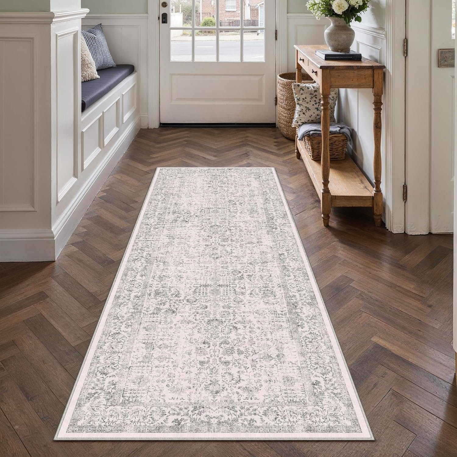 PureCozy Gray Runner Rug 2×6 Hallway Machine Washable Kitchen Vintage Distressed Non Slip Long Carpet Indoor Grey Retro Floral Bedroom Accent Throw Rug for Bathroom Office Laundry Dining Living Room