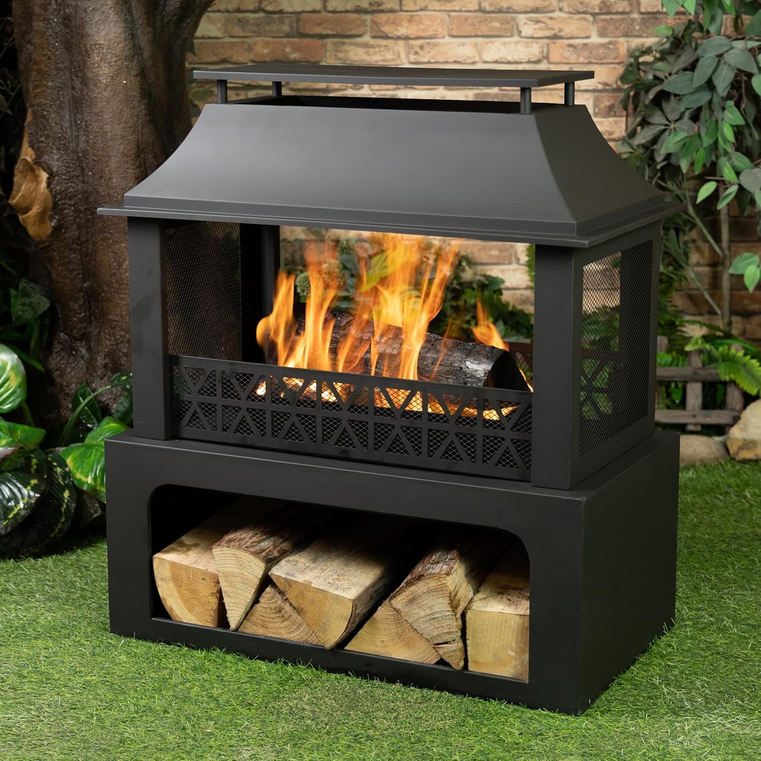 36″ Rectangular Steel Outdoor Wood Burning Fireplace – Outdoor Fireplace with Adjustable Cooking Grill & Log Storage Compartment – Camping Fire Place with Safety Screen and Poker