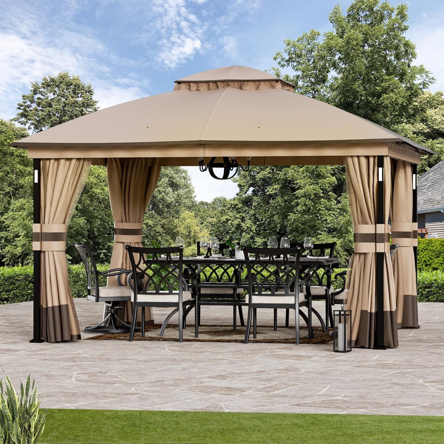 Covered Outdoor Patio Gazebo 11’x13′ with LED Lights & Bluetooth Speaker, Heavy Duty Outdoor Canopy Shelter with Metal Frame, Double Roofs, Soft-top Gazebo with Netting and Curtains for Backyard