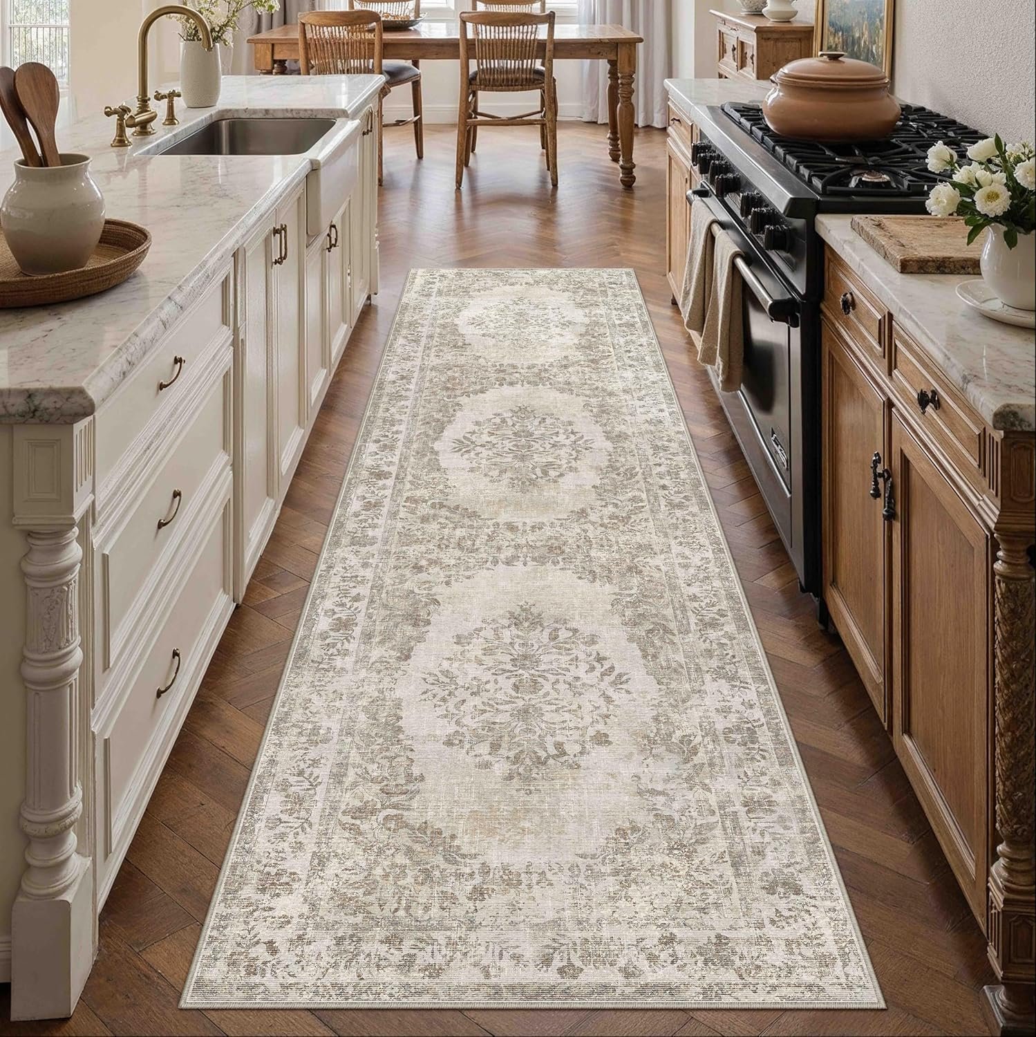 PureCozy 2’6″x8′ Runner Rug Beige Washable Hallway Kitchen Bedroom Vintage Distressed Bathroom Non Slip Medallion Floral Carpet Indoor Retro Throw Floor Mat for Office Dining Laundry Living Room