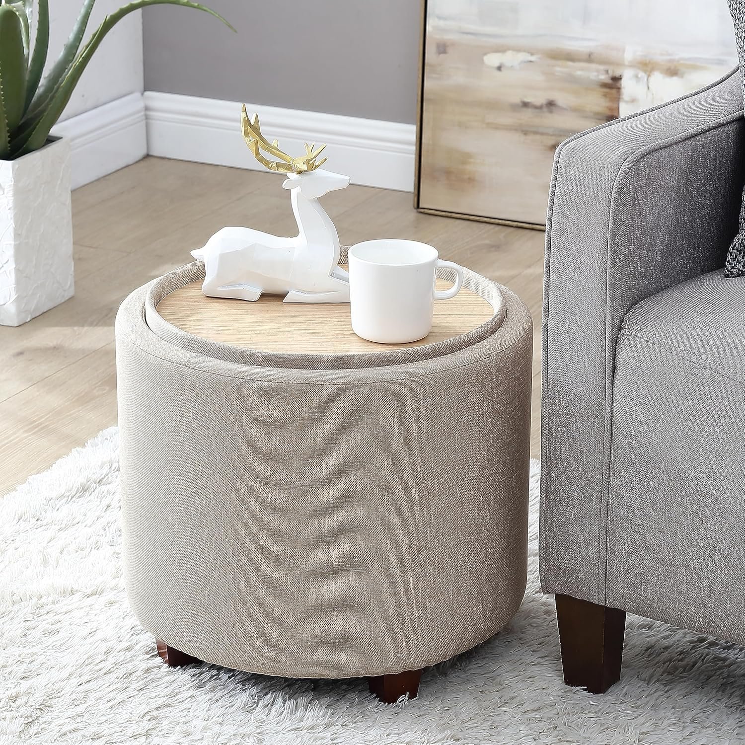 Ornavo Home Round Storage Ottoman with Tray Top – 17″ Linen Fabric Ottoman with Reversible Lid, Foot Rest & Extra Seating for Living Room, Bedroom & Office – Beige