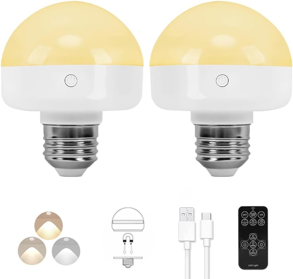 BLUEYE Rechargeable Light Bulbs with Remote,7W 350LM Battery Operated Emergency Light Bulb for Non-Hardwired Wall Sconce,40W Equivalent for Power Outage,Detachable E26 Base,3 Color Temperature,2Packs