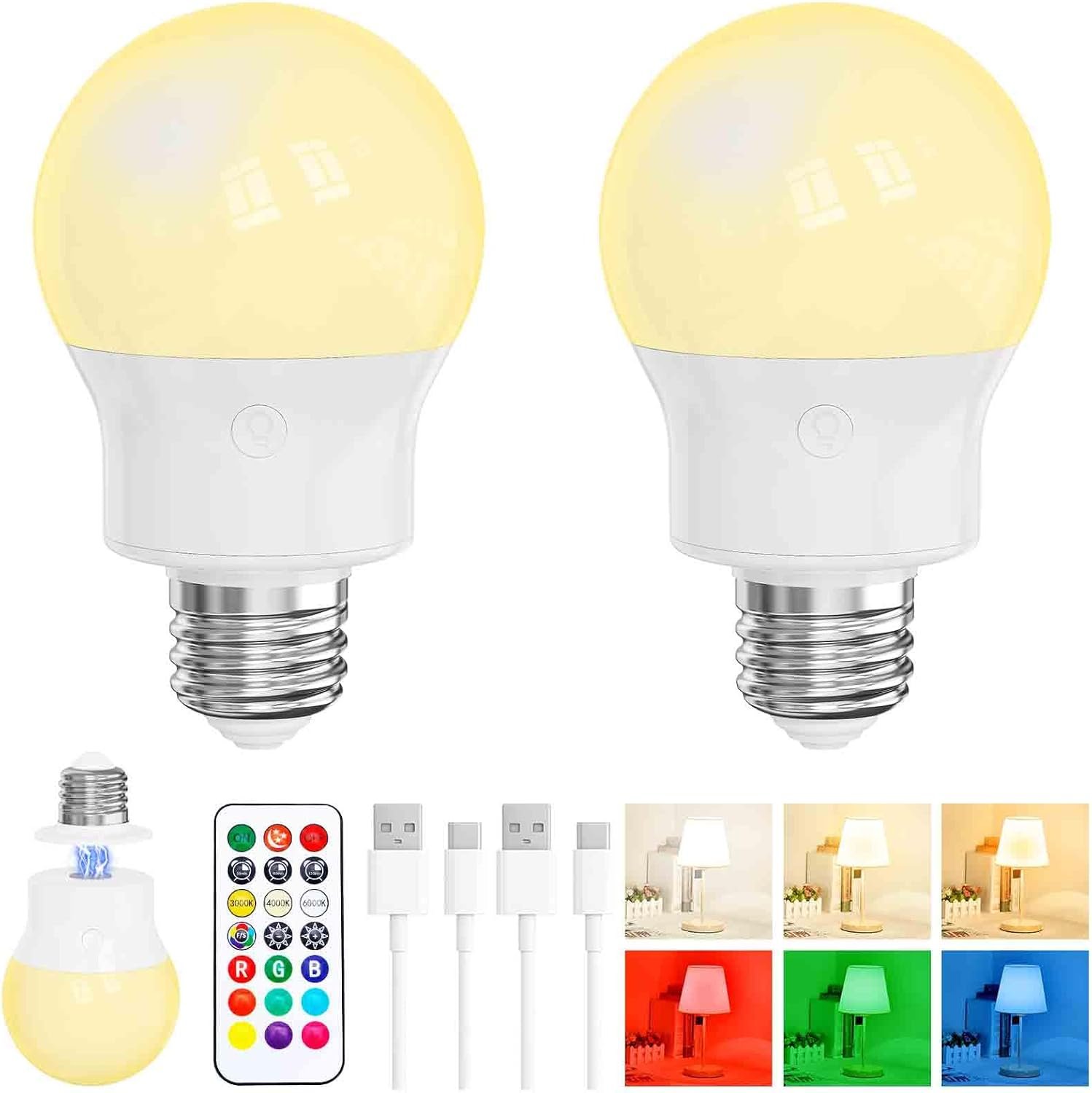 Rechargeable LED Light Bulbs with Remote, Dimmable Magnetic E26 Battery Operated Light Bulb, 12 RGB Colors, 480LM 40W Equivalent, 3 Timer, for Sconces, Lamps Without Power, Camping, Emergency 2 PACK