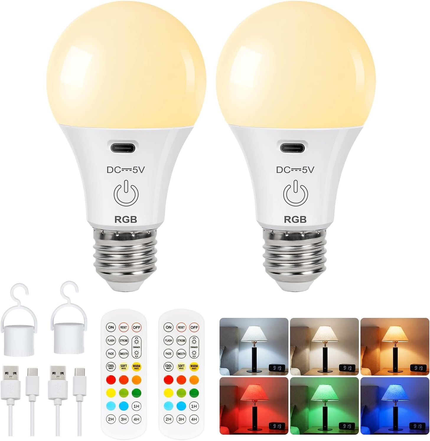 FRIDEKO HOME Rechargeable Light Bulbs – 2600mAh E26 Battery Operated Dimmable Lightbulb with USB-C Charging for Lamps | Touch Control | Timer Function – 2 Pack Portable Camping Emergency Light