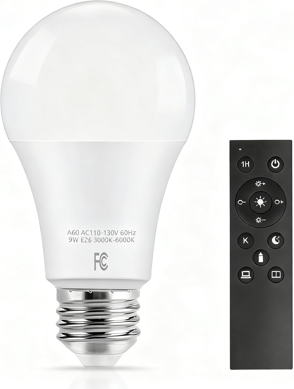 Remote Control Light Bulbs, A19 LED Bulb, 9W LED Bulb (60W Equivalent), 810LM, 3000K-6000K Dimmable 10%-100%, E26 Base, Light Bulb with Timer for Living Room, Bedroom, 1-Pack