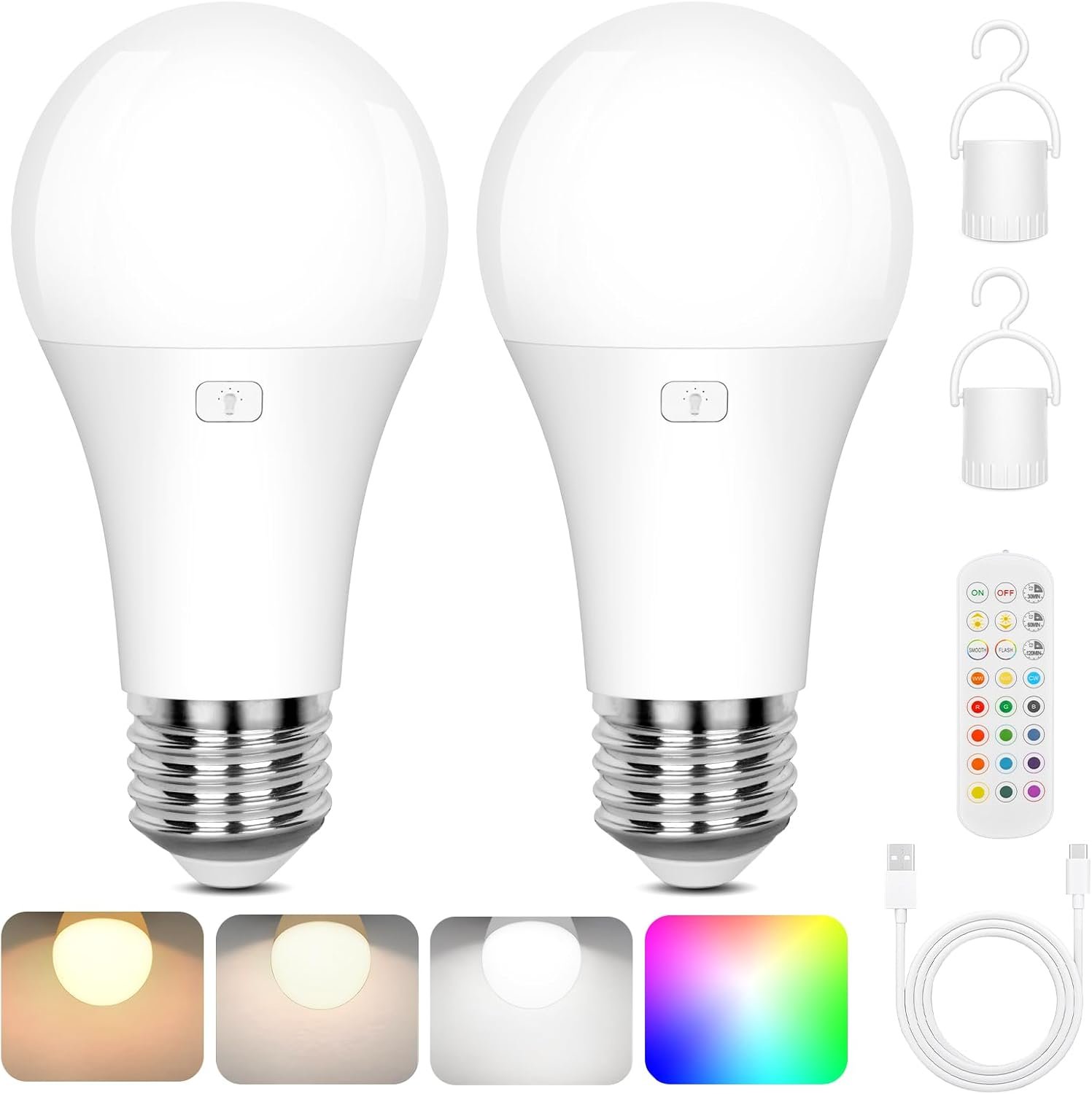 Yochoice Rechargeable Battery Operated Light Bulb with Remote & Timer, Dimmable Backup Magnetic LED Bulb with 15 Colors, Wireless Puck Light Bulb for Wall Sconce Lamps, Non-Hardwired, 2-Pack