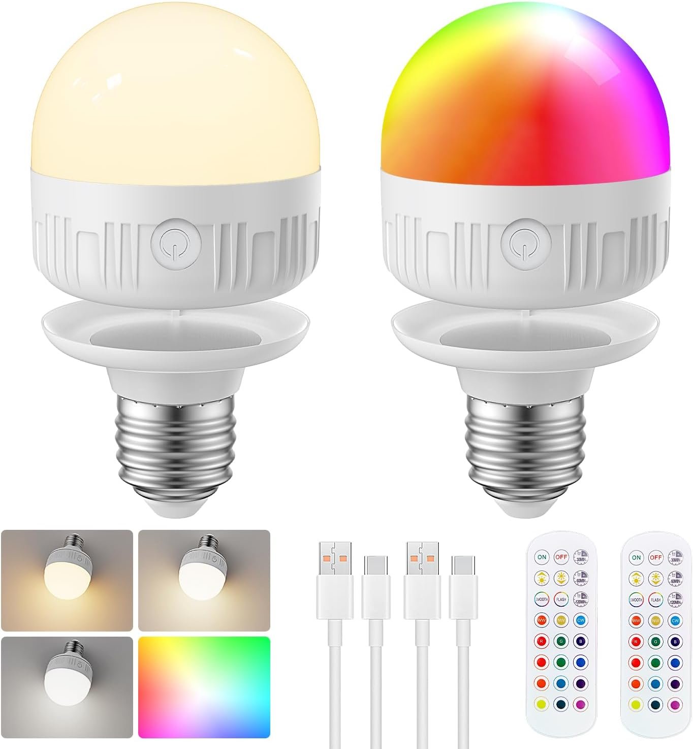 LGMCF Rechargeable Light Bulb with Remote – E26 2Pack 6W 450LM Dimmable Detachable LED Bulb 15 Colors Selectable & 3 Timer, 2500mAh Battery Operated Magnetic Bulbs, Bulbs for Non-Hardwired Fixture