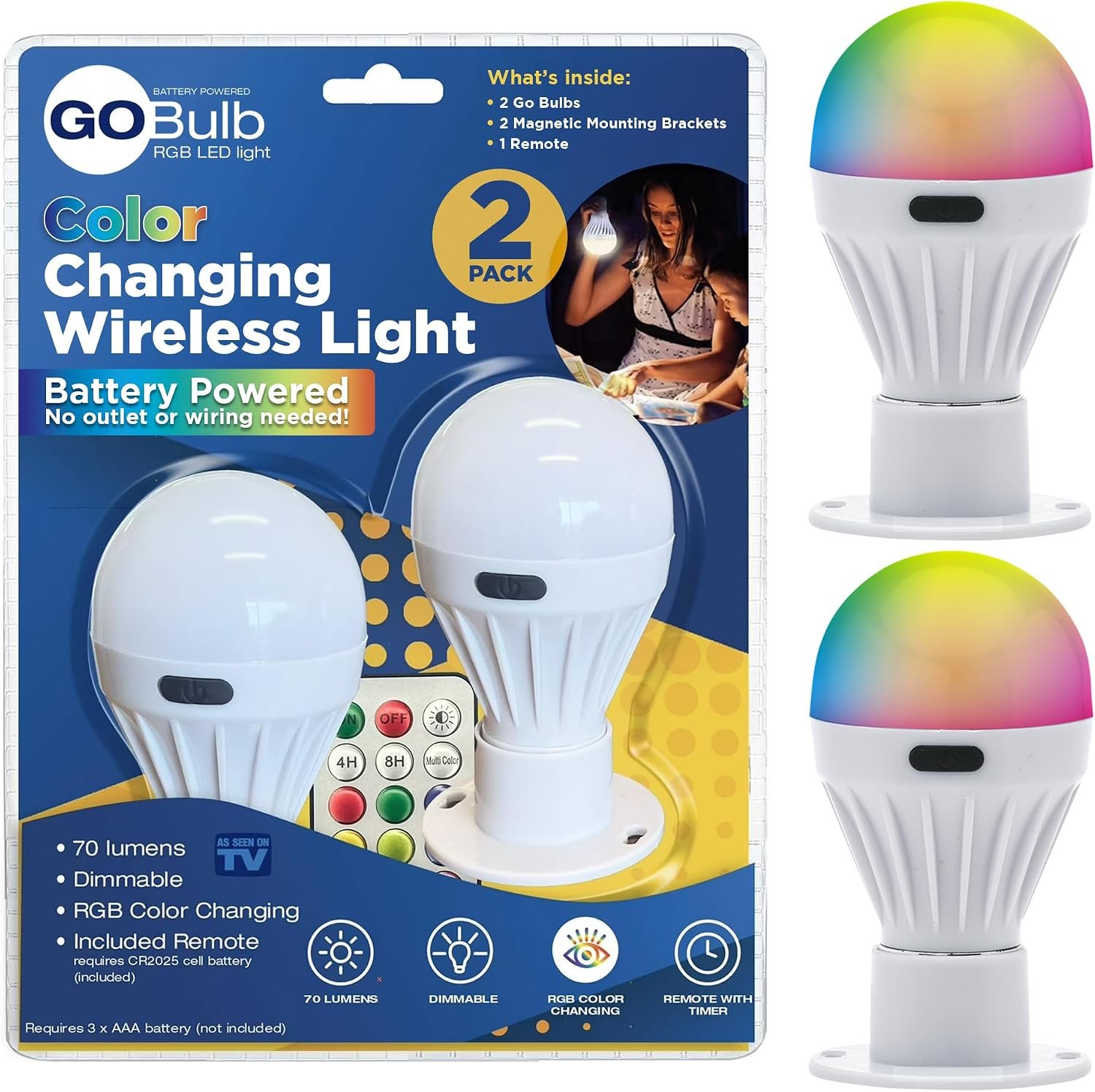Spark Innovators Go Bulb, 2-Pack – Wireless, Multicolor Changing LED Light Bulbs with Remote Control for Home Decor | Battery-Powered, Dimmable, Cordless & Shatterproof – Great Housewarming Gift Idea
