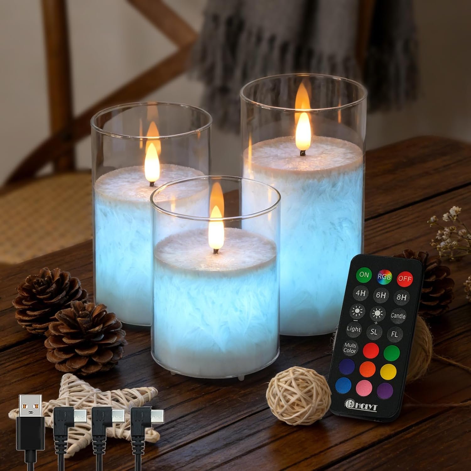 LEDHOLYT Rechargeable Ice Crystal Glass Flameless Candles, RGB Color Changing Realistic Flickering Flameless Candles with Remote & Timer,Best Festival Wedding Home Party Decor – Set of 3