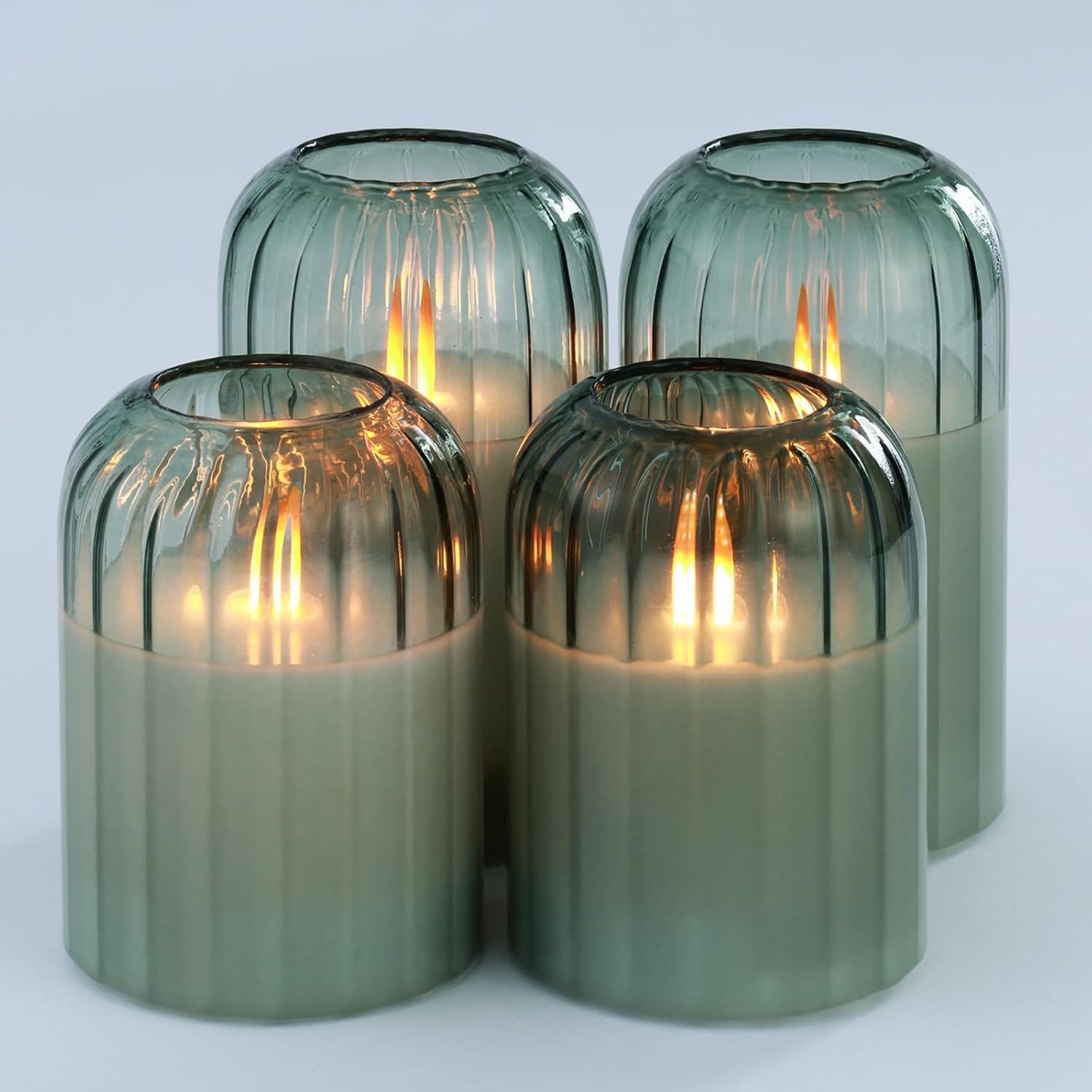 Lezonic Glass Flameless Candles Battery Operated with Remote, Dancing Flame LED Flickering Pillar Candles, Set of 4 Real Wax St. Patrick’s Day Gift Fall Decorations for Home Room Decor (Pumpkin Green)