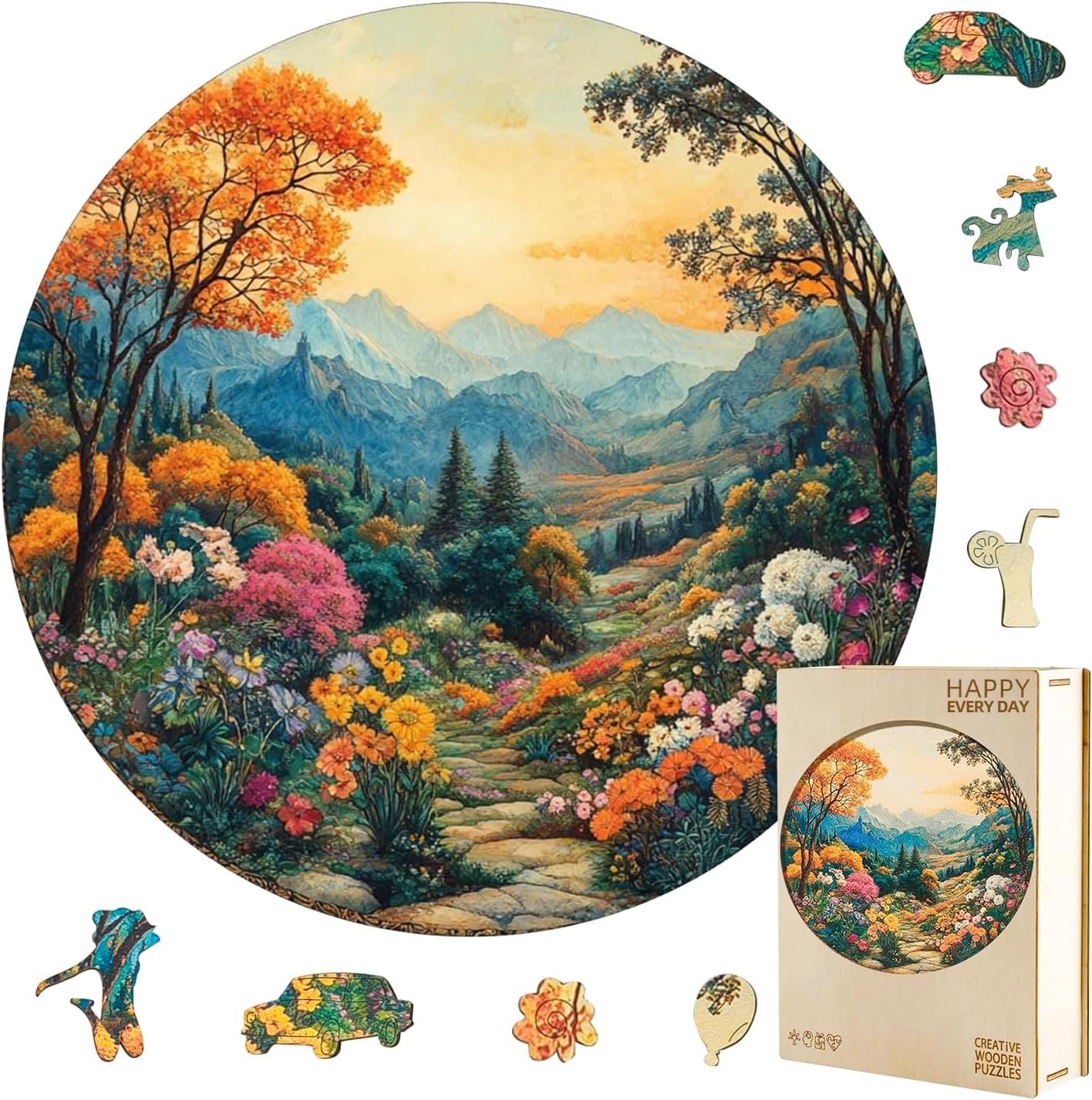 Wooden Puzzles for Adults 300 Pieces, Scenic Mountain Landscape Round Wood Jigsaw Puzzle, Unique Irregular Laser Cut Shapes, Christmas Birthday for Women Mom, 13.4in Wall Decor