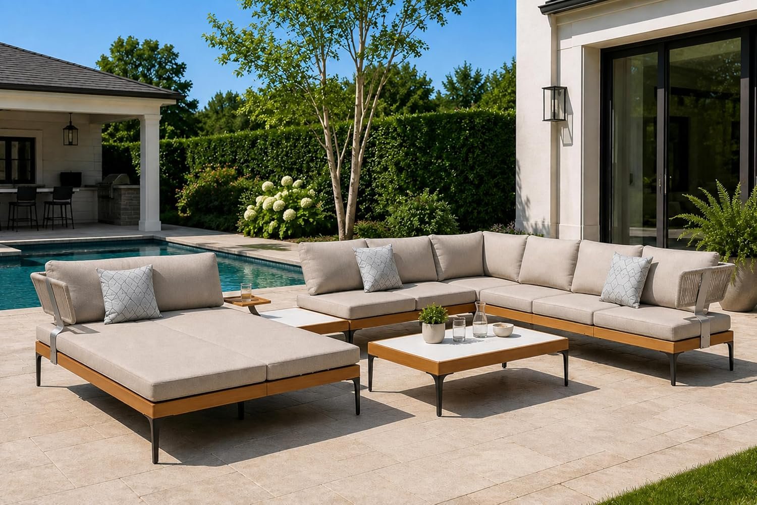 PURPLE LEAF 7 Pieces Patio Furniture Set with Daybed Tables Outdoor Wicker Sectional Conversation Sets Modern Aluminum L Shaped Sofa for Balcony Yard Garden Poolside, Cushions and Pillows Included