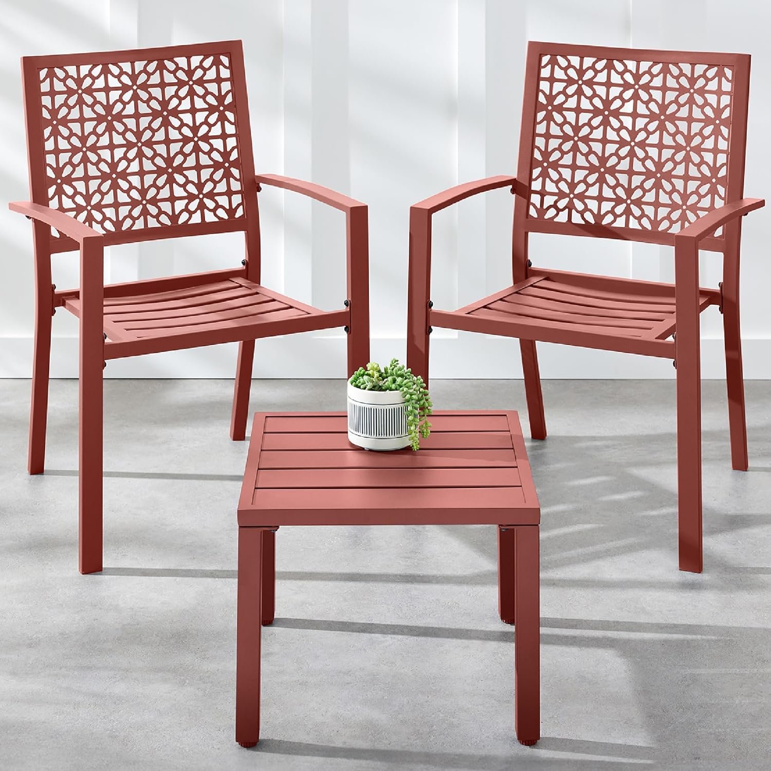 Best Choice Products 3-Piece Outdoor Bistro Set, Stackable Modern Steel Furniture for Porch, Garden w/ 2 Chairs, Table, Geometric Decor – Terra Cotta