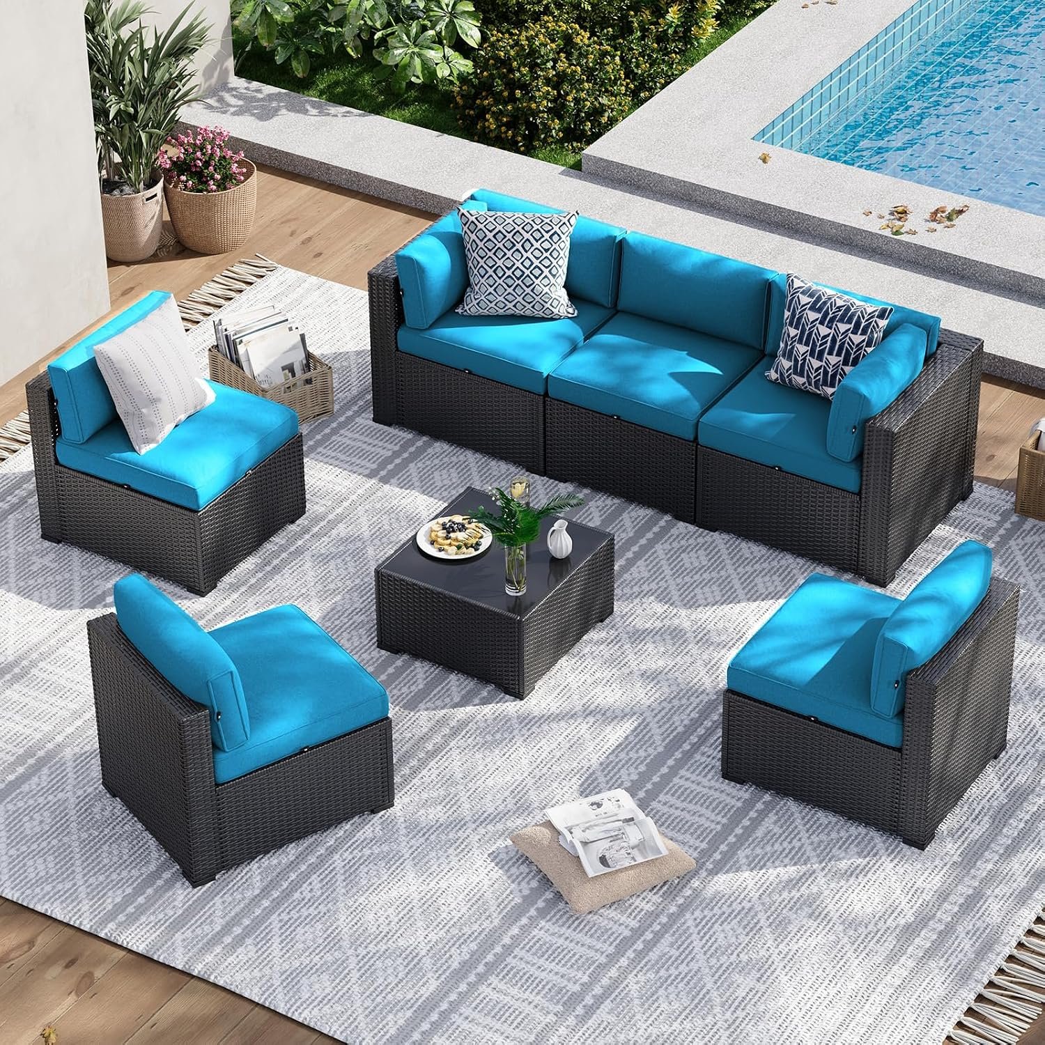 Aoxun 7 Piece Patio Furniture Set, Wicker Rattan Patio Sectional Sofa, Outdoor Furniture Set with Thickened Cushion, Peacock Blue